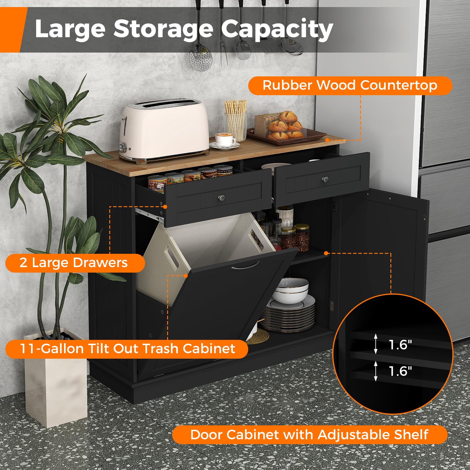 Freestanding Tilt-Out Trash Cabinet with 2 Drawers & Adjustable Shelf - Rubber Wood Countertop Kitchen Island Organizer, Laundry Hamper & Pet-Proof Recycle Bin Holder (Black) - Perfect for Small Kitchens, Laundry Rooms & Pet-Friendly Homes