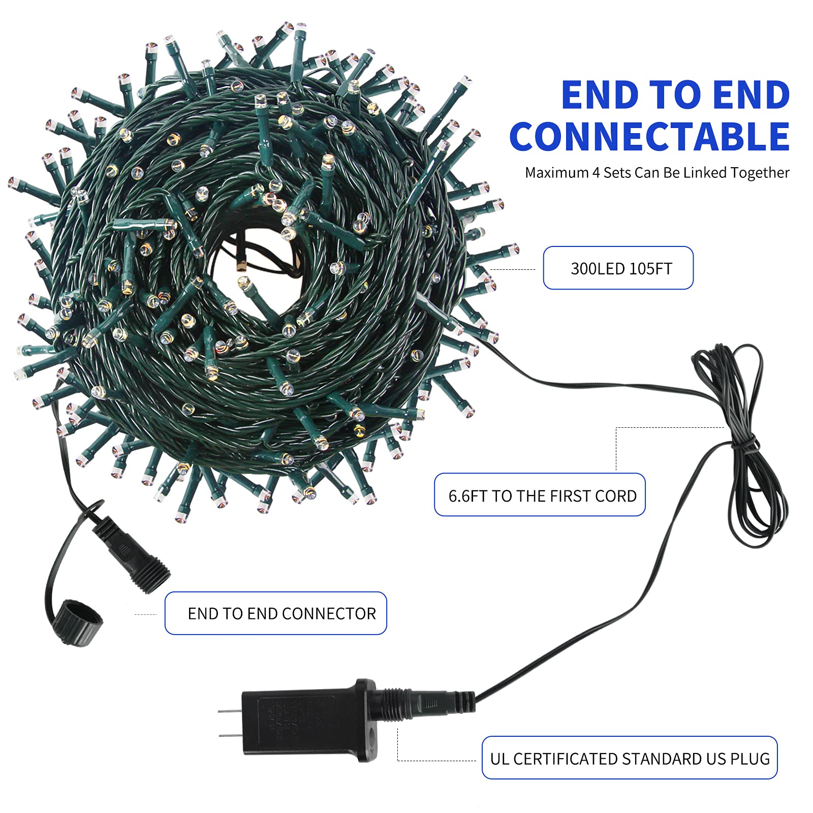 300LED Christmas String Lights 105FT - 8 Modes Blue for Xmas Tree & Outdoor Decor