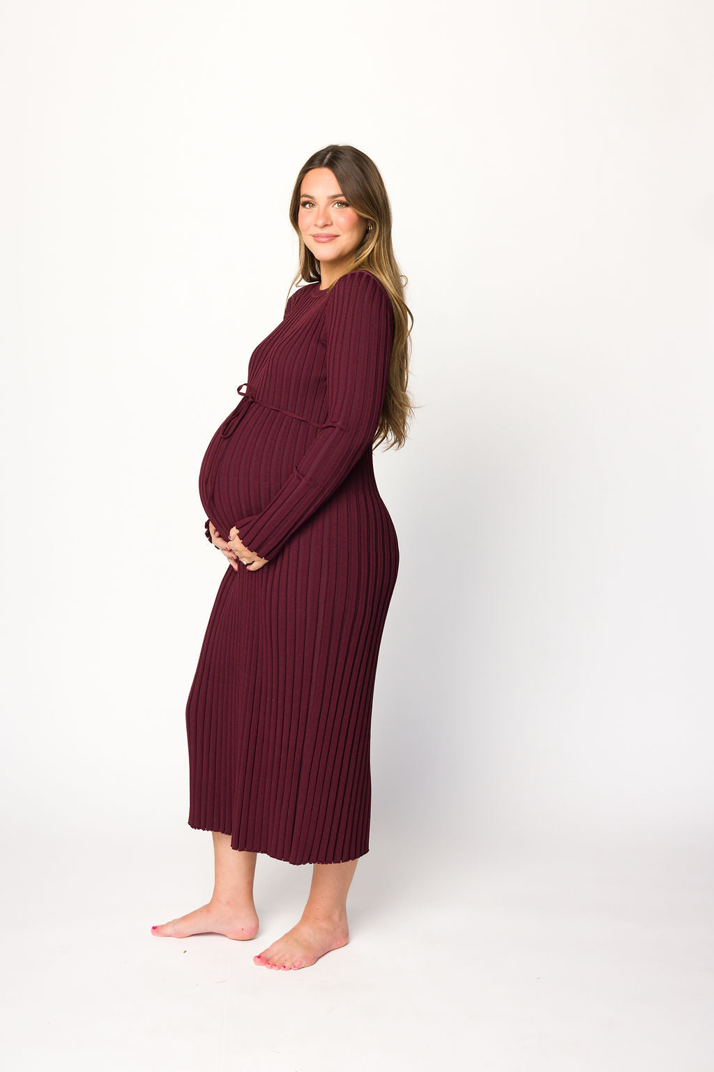 Colette Premium Long Sleeved Ribbed Knit Maxi Dress in Burgundy - Bump Friendly Maternity Dress for Pregnancy, Nursing & Postpartum - Perfect for Casual Wear, Office & Special Occasions