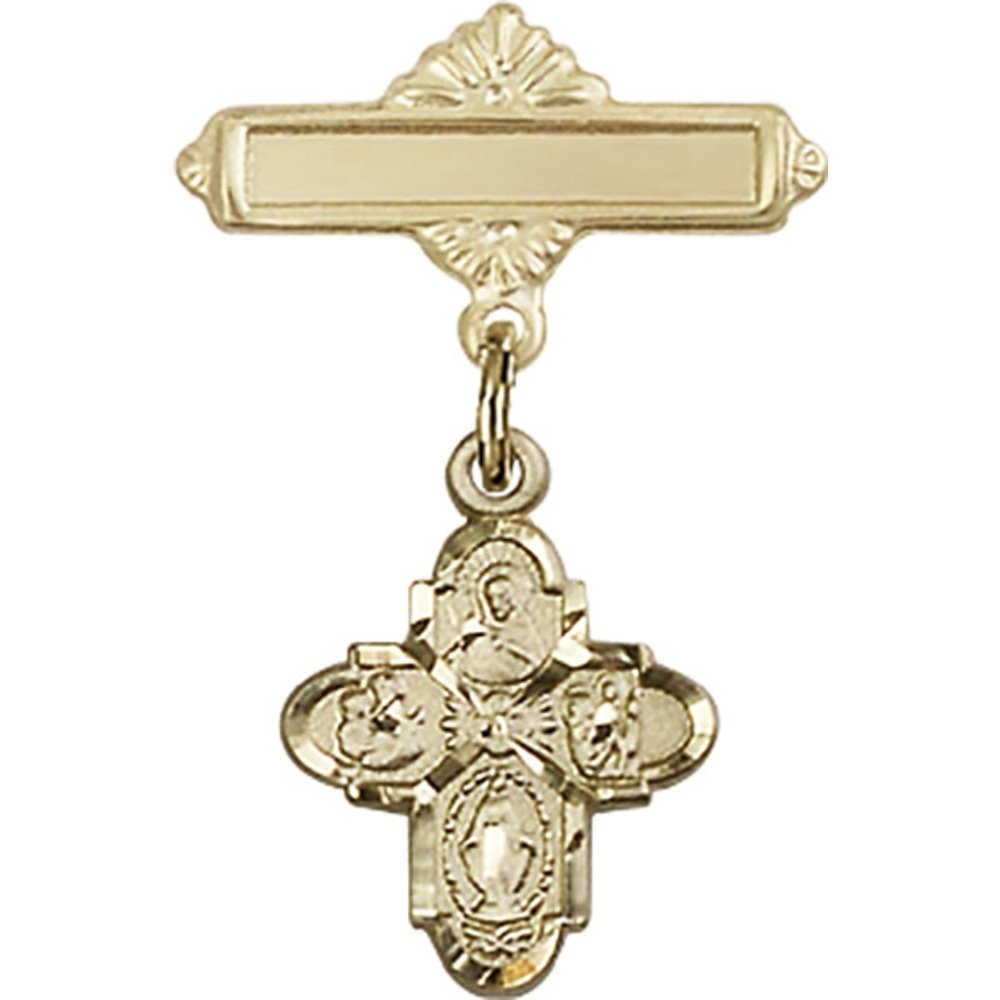 1 X 5/8 Inch Gold Filled Baby Badge with 4-Way Charm & Polished Pin - Perfect for Christening, Baby Showers & Keepsake Jewelry Gifts
