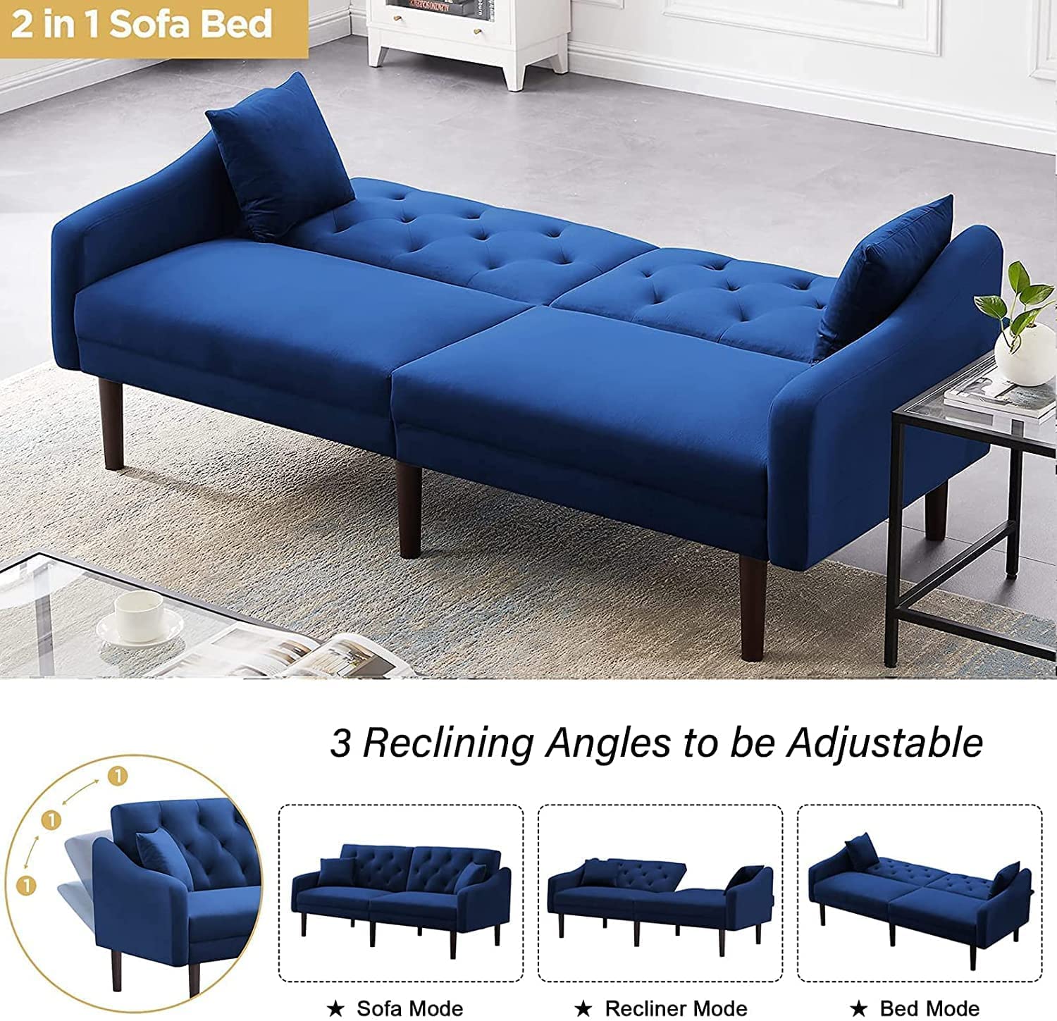 Goujxcy Convertible Futon Sofa Bed - Velvet Sleeper Sofa with 2 Pillows & Armrests, Foldable Couch for Small Spaces - Perfect for Living Room, Bedroom, Dorm or Apartment | Multi-Functional Guest Bed & Lounge Chair