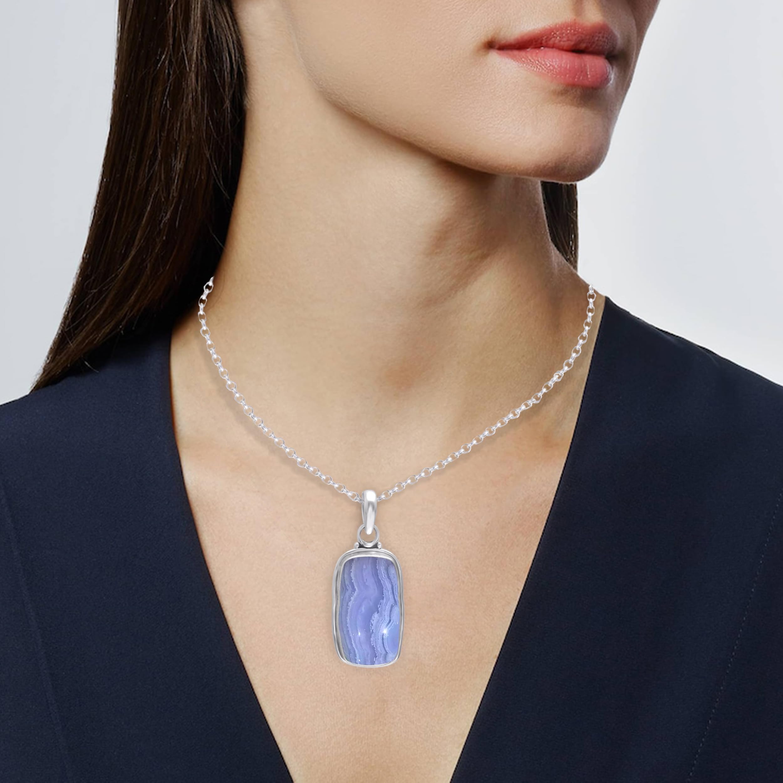 Veracity Jewelry Blue Lace Agate Pendant Necklace for Women - 925 Sterling Silver 18