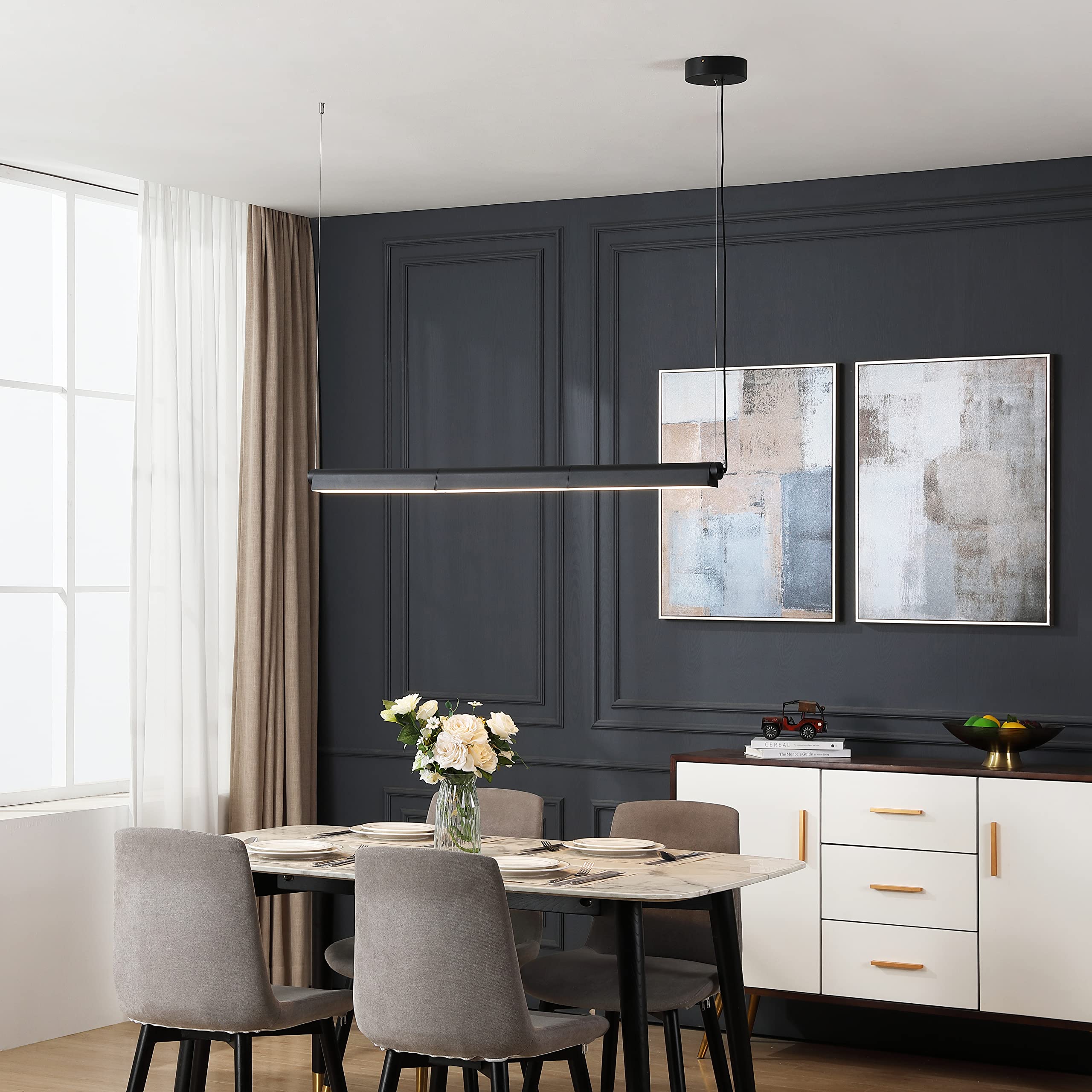 Modern LED Linear Hanging Pendant Ceiling Light - 3000K Warm White, 1578 Lumens, Black Finish - Perfect for Kitchen Island, Dining Room, and Office Lighting