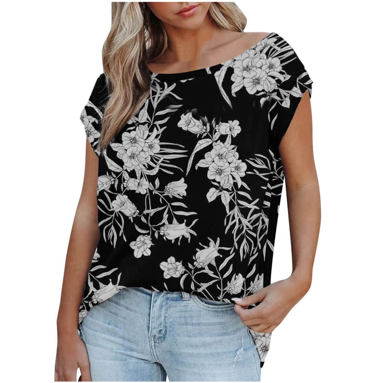 2022 Women's Summer Tops - Boho Floral Print Off Shoulder Tee with Batwing Sleeves | Flowy Swing Blouse for Beach, Vacation & Casual Wear