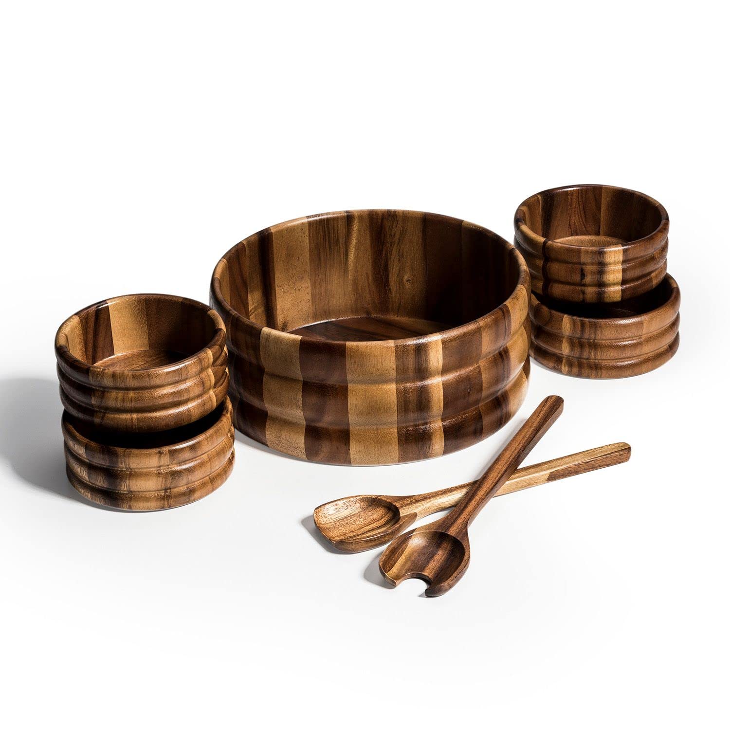 7-Piece Extra Large Wooden Salad Bowl Set with 4 Individual Bowls & 2 Serving Utensils - Perfect for Family Dinners, Picnics, and Entertaining Guests