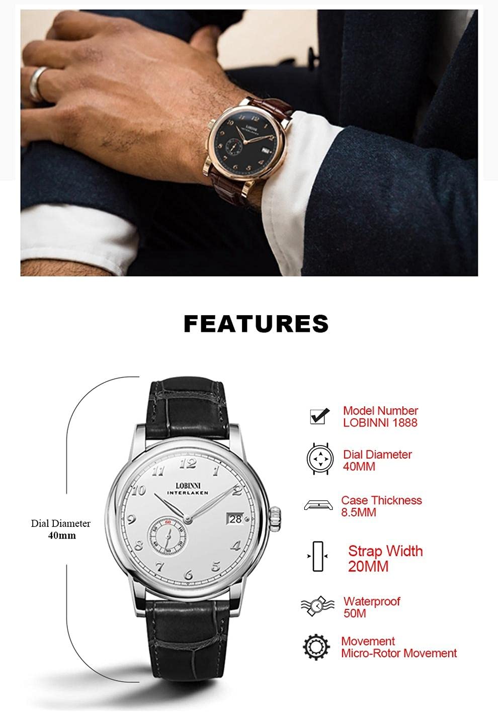 Premium LOBINNI Men's Automatic Mechanical Watch - Waterproof Dress Watch for Business & Formal Occasions - Luxury Stainless Steel Wristwatch for Grooms, Professionals & Special Events
