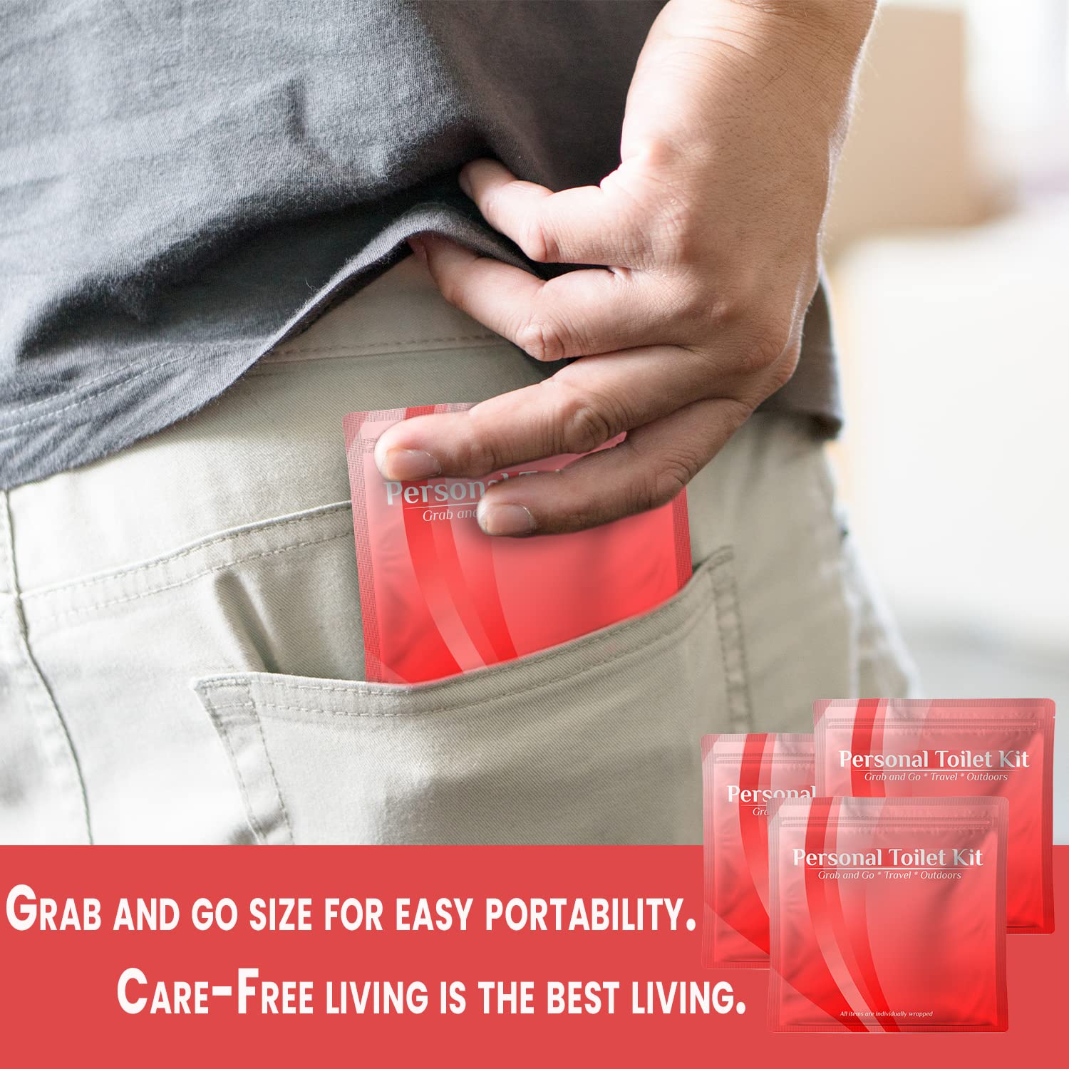 10-Pack Red Personal Toilet Kit for Travel - Compact & Portable Toiletry Bag for Camping, Gym, Business Trips & Emergency Preparedness