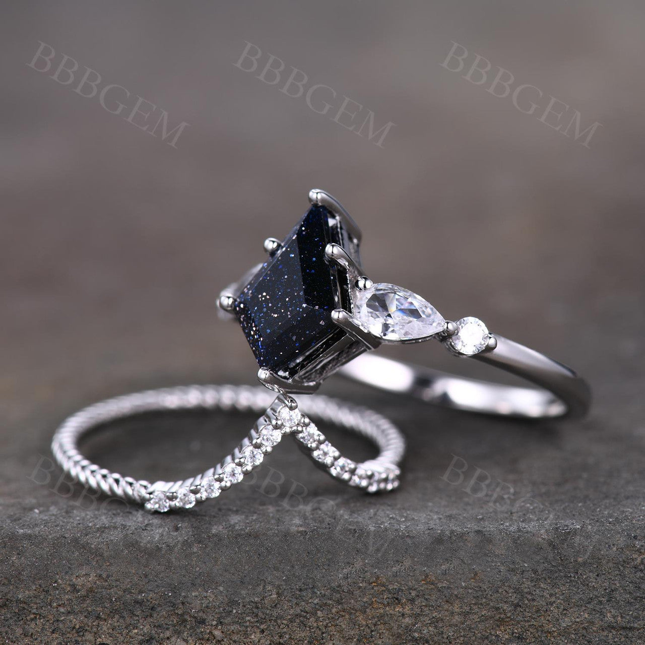 10x7mm Kite Cut Blue Sandstone Engagement Ring with Curved Moissanite Matching Band in 14K White Gold - Perfect for Weddings, Proposals & Anniversary Gifts