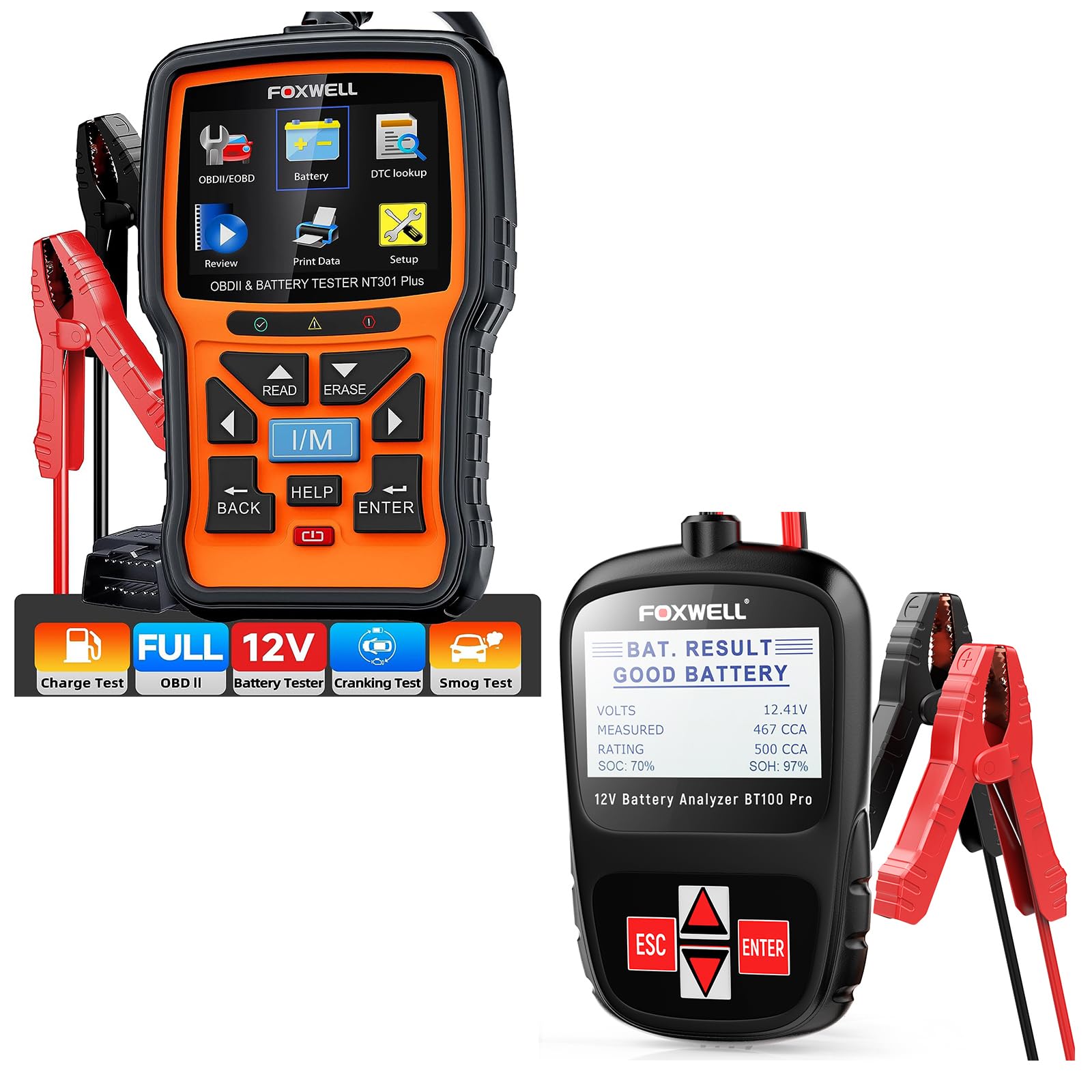 FOXWELL BT100 Pro 12V Car Battery Tester - Automotive Digital Battery Analyzer with NT301 Plus OBD2 Scanner - Perfect for Vehicle Maintenance & Diagnostics