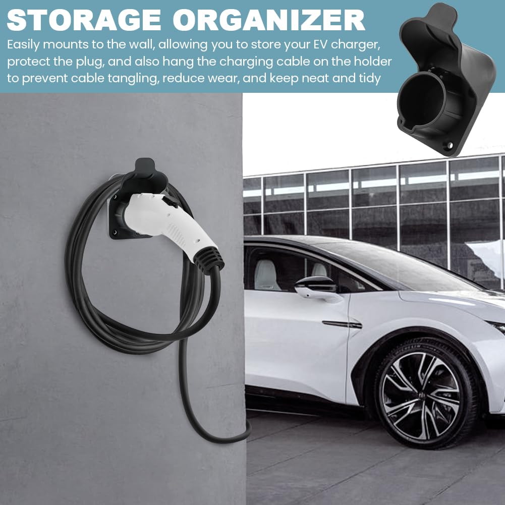 JIANWEI EV Charger Holder Wall Mount - Compatible with SAE J1772 Electric Car Charging Plug, Cable Hanger & Cord Organizer - Indoor/Outdoor Electric Vehicle Charger Nozzle Holster Dock (Black) - Perfect for Home Garage, Parking Lot & Public Charging Stations