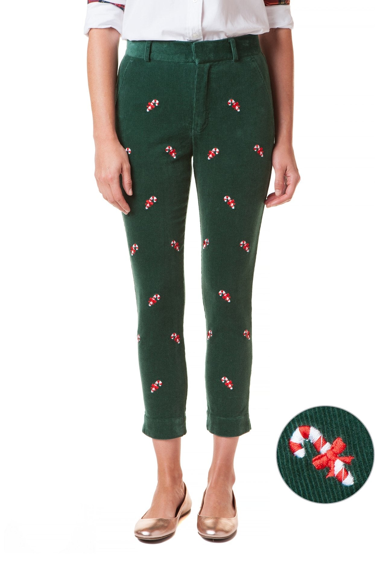 Stretch Corduroy Ankle Pants for Women - Beachcomber Capri Hunter with Candy Cane Design - Comfortable Casual Pants for Beach, Travel and Everyday Wear