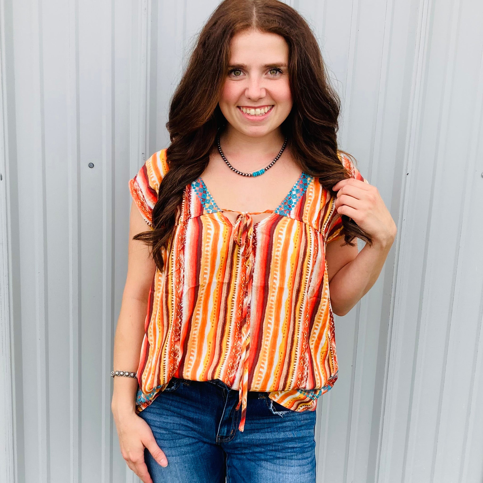 Andree Women's Coral Aztec Striped Short Sleeve T-Shirt - Casual Summer Top for Beach, Vacation & Everyday Wear