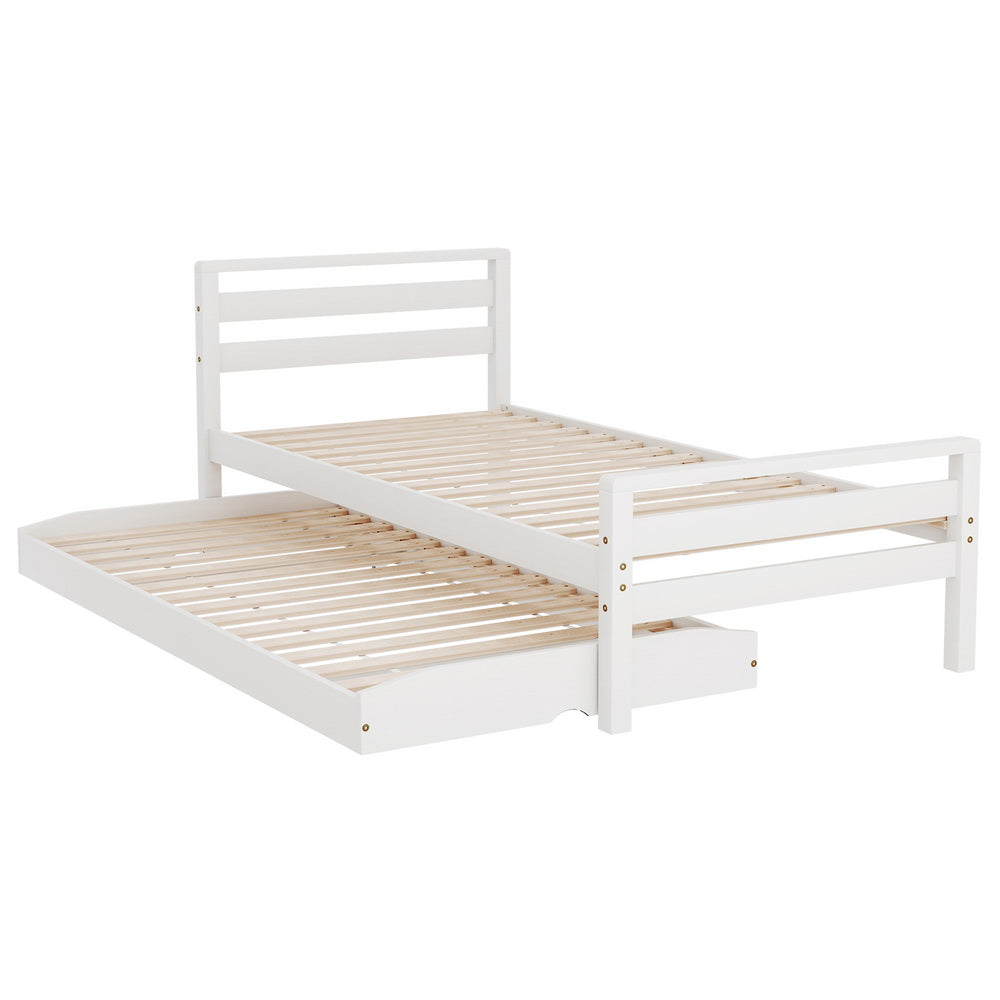 White Avis Wooden Trundle Single Bed Frame - Space-Saving Twin Size Guest Bed with Storage Drawer, Perfect for Kids Room, Guest Bedroom & Small Apartments