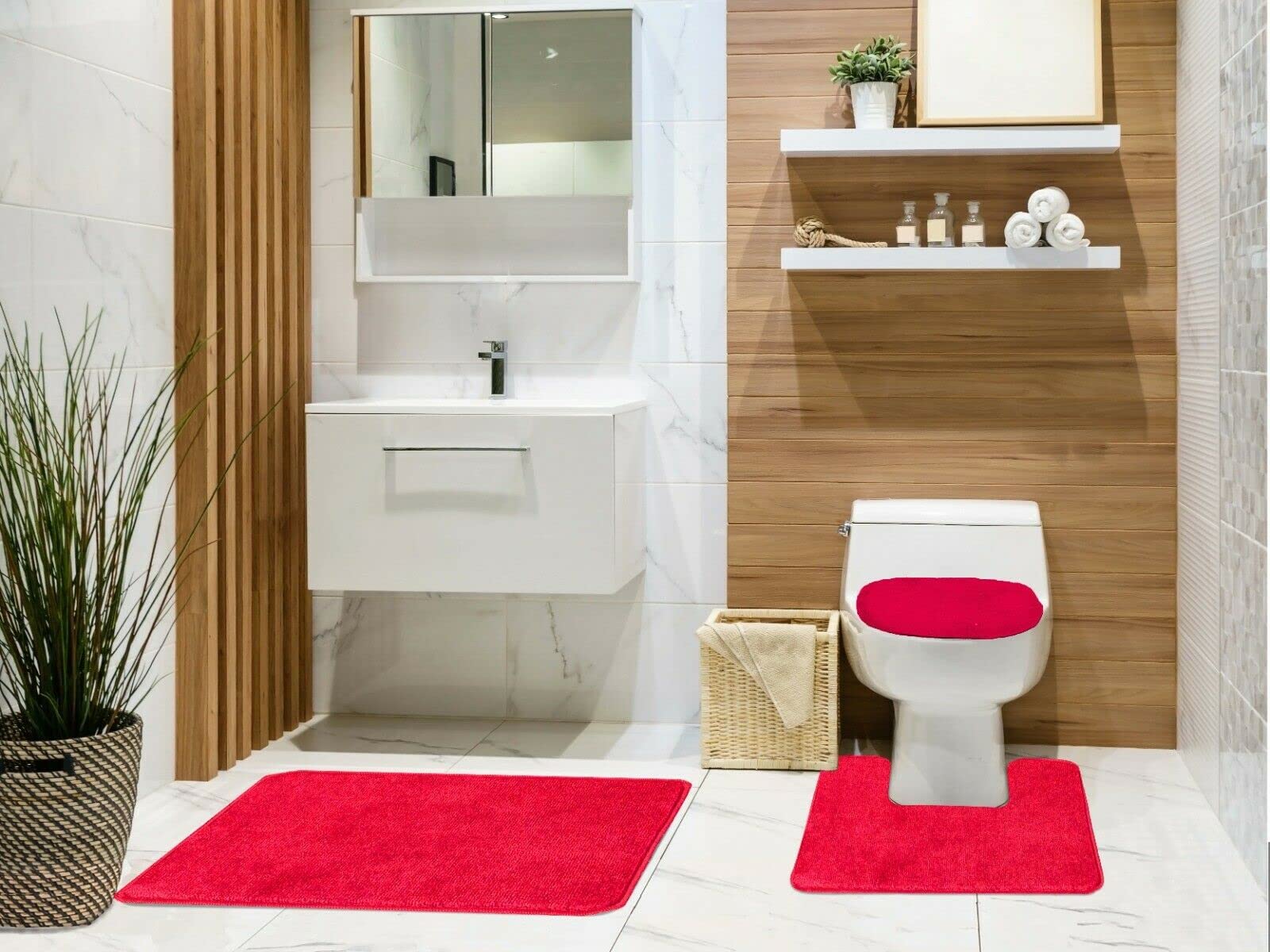 Premium 3-Piece Bathroom Rug Set - Non-Slip Rubber Back, Super Absorbent, Low Pile Floor Mats (Red) - Includes Contour Rug & Toilet Lid Cover for Bathroom Safety & Comfort
