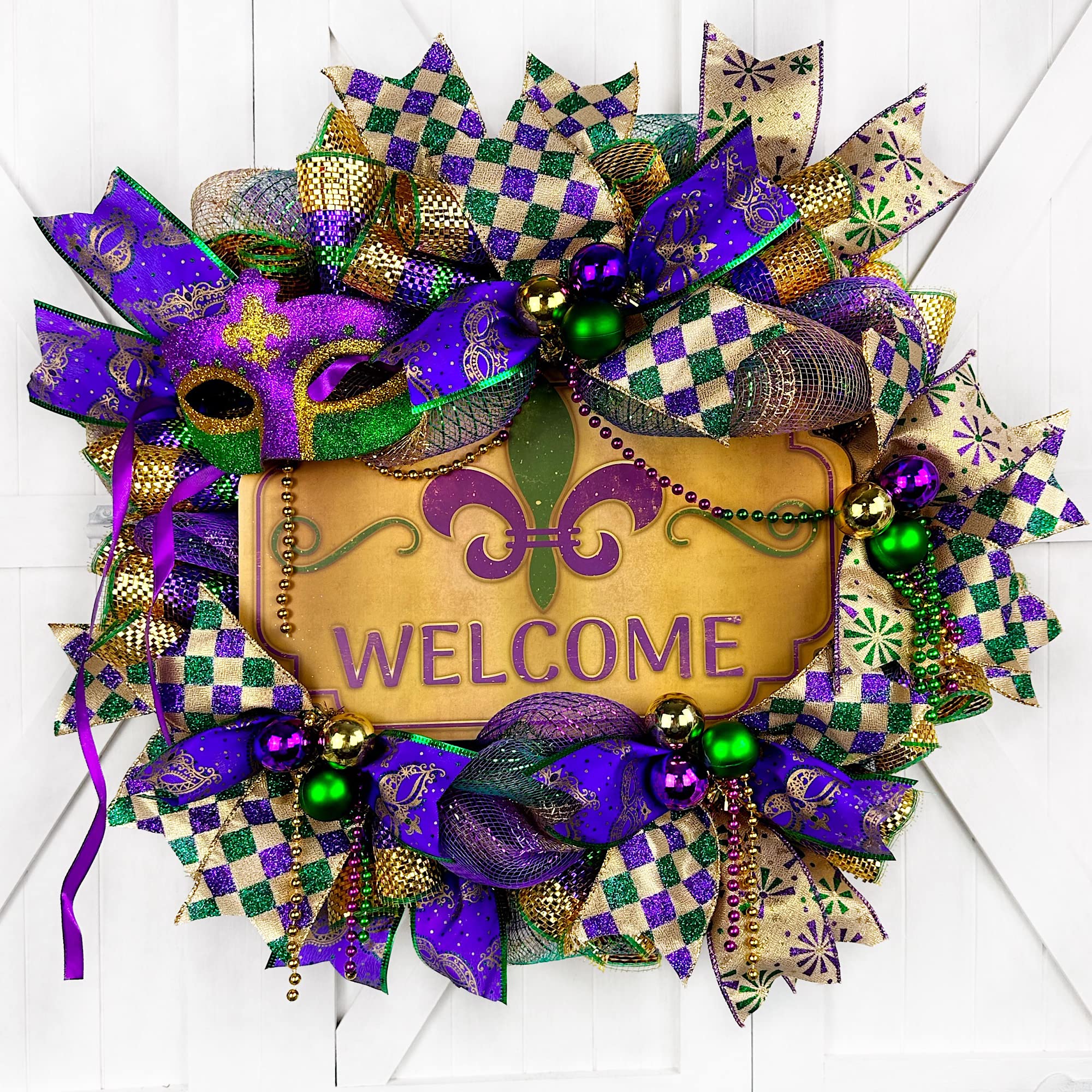 Handmade Mardi Gras Wreath with Harlequin Mask & Colorful Beads - Fat Tuesday Door Decor, Carnival Party Wreath for New Orleans Celebration - Perfect for Front Door, Wall Decor, and Mardi Gras Festival Parties