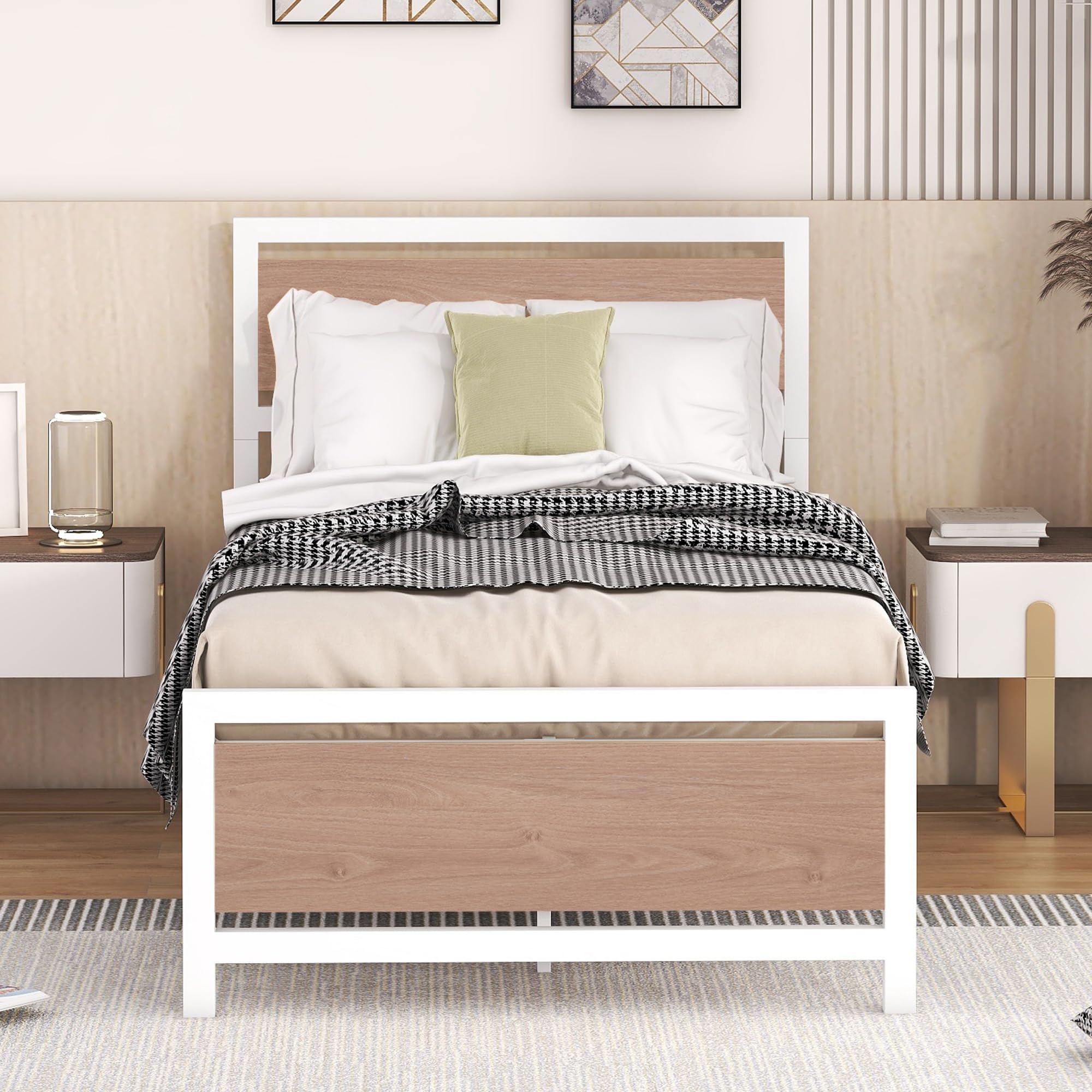 Polibi Twin Size Platform Bed Frame - Sturdy Metal & Wood Construction with Headboard & Footboard - No Box Spring Needed - White - Perfect for Kids Rooms, Guest Bedrooms & Small Spaces