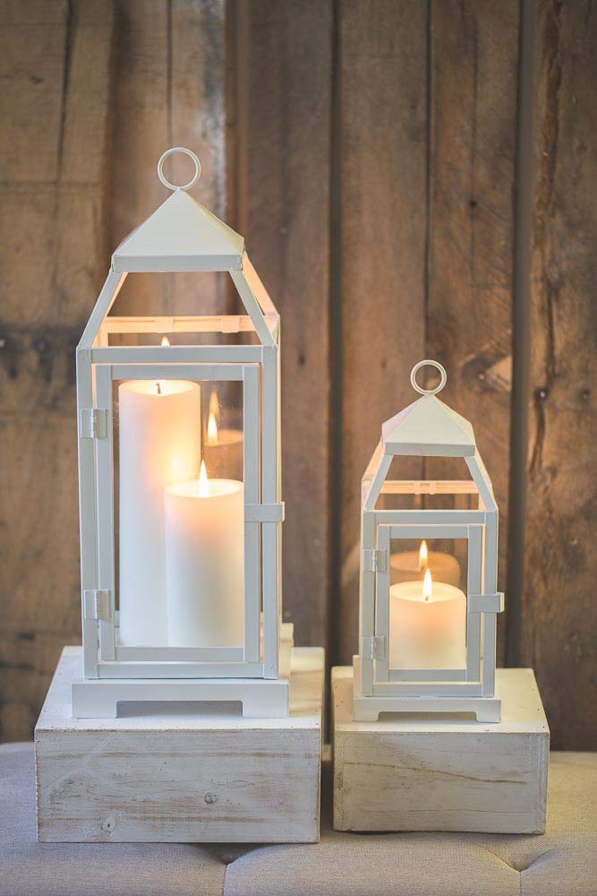 Richland White Contemporary Metal Lantern with Clear Glass Panels - Set of 6 Outdoor/Indoor Hanging Lanterns for Patio, Garden, Porch & Home Decor