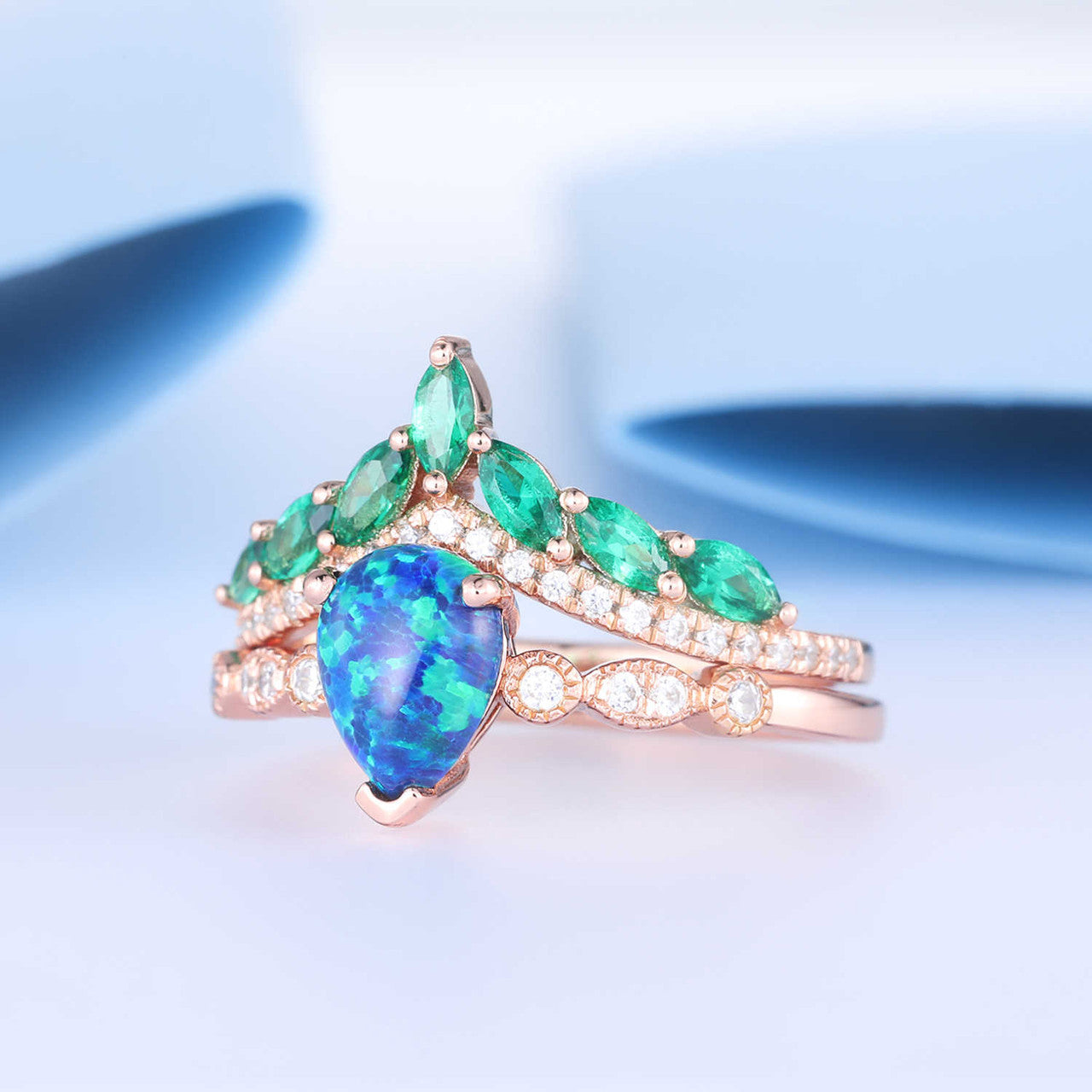Exquisite Pear Cut Black Opal Engagement Ring with Diamond Crown & Chevron Eternity Band Set - Perfect for Proposals, Anniversaries & Special Occasions
