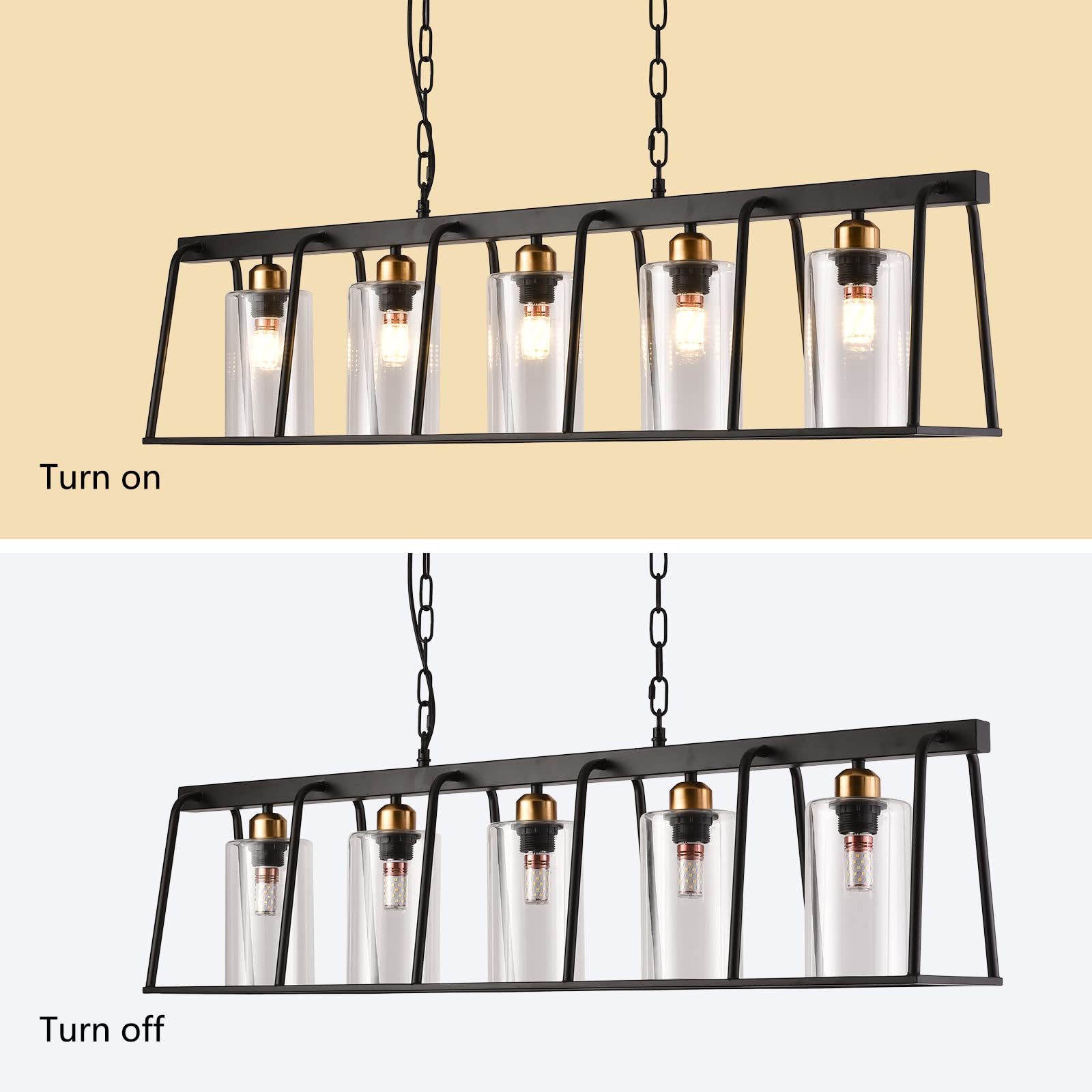 Modern 5-Light Rectangle Chandelier with Clear Glass Shades - Adjustable Rustic Pendant Lighting for Dining Room, Kitchen, Bedroom, Living Room, Foyer & Hallway - Perfect for Farmhouse, Industrial & Contemporary Home Decor
