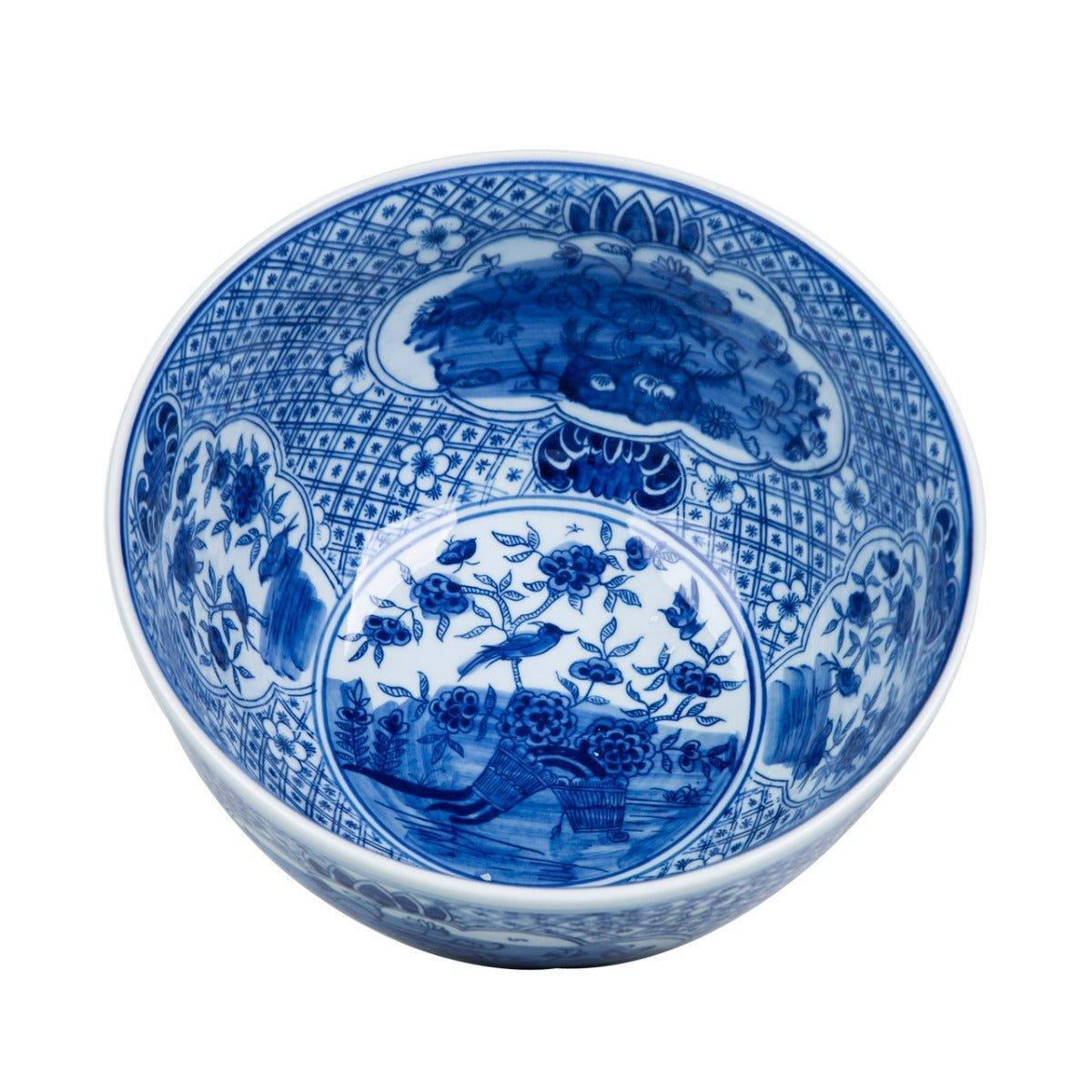 Blue and White Medallion Floral Bird Porcelain Bowl - Hand-Painted Decorative Serving Dish for Dining, Home Decor, and Gift Giving