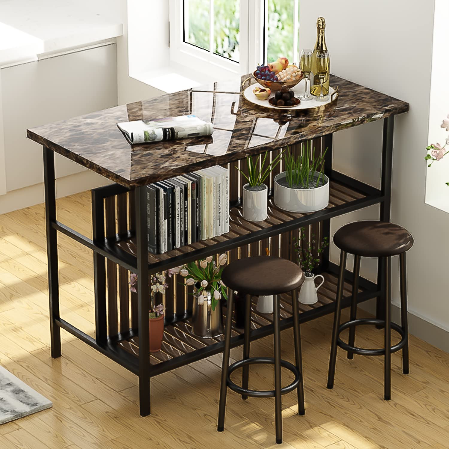 Lamerge 3-Piece Bar Table and Chairs Set - Counter Height Dining Table with Storage Shelf, Marble Top Kitchen Table Set for 2, Space-Saving Brown Bar Stools - Perfect for Small Apartments, Kitchen Breakfast Nooks & Compact Dining Areas