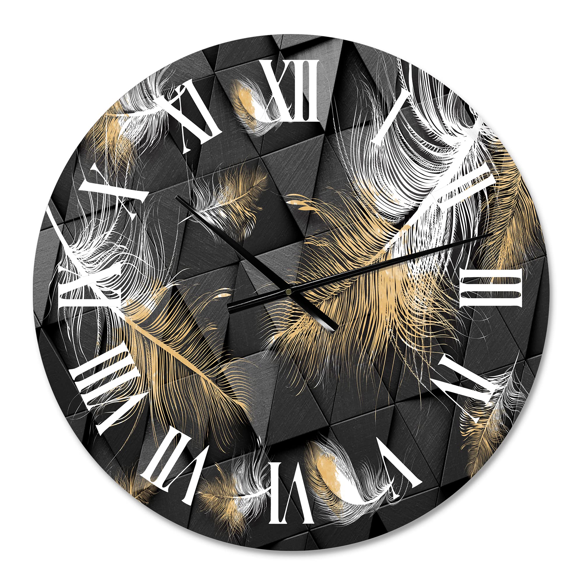 DesignQ Modern White and Gold Feathers Triangular Wall Clock - Large Floral Botanical Decor for Bedroom, Living Room, Office | Silent Non-Ticking, Battery Operated