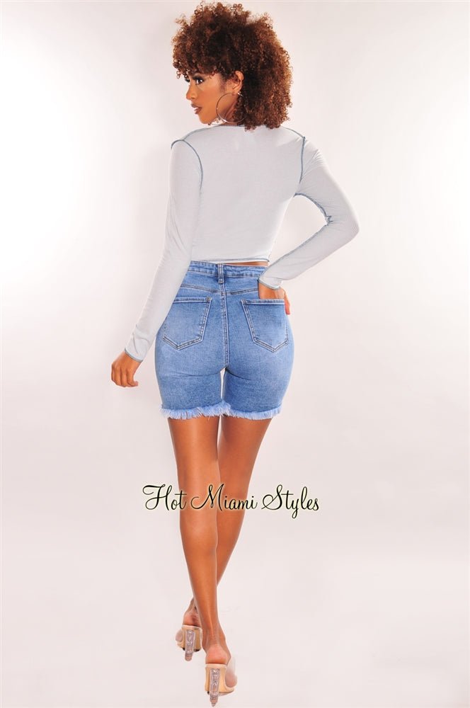Baby Blue Ribbed Exposed Seams Tie Up Long Sleeve Top for Women | Casual & Chic Knit Shirt | Perfect for Date Night, Office Wear & Weekend Outfits