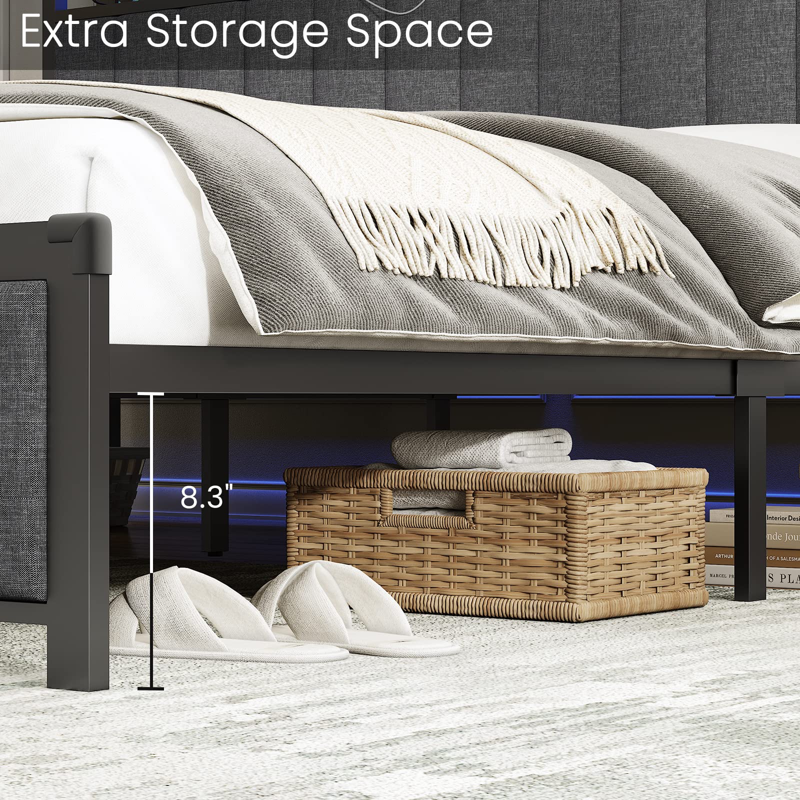 King Size Bed Frame with Storage Headboard - Built-in Shelf, Power Outlet & RGB Lighting, Pegboard Design, Linen Upholstered Platform Bed, Reinforced 2-Row Mid-Beams, No Box Spring Required (Dark Grey) - Perfect for Modern Bedrooms, Guest Rooms & Small Spaces with Storage Needs