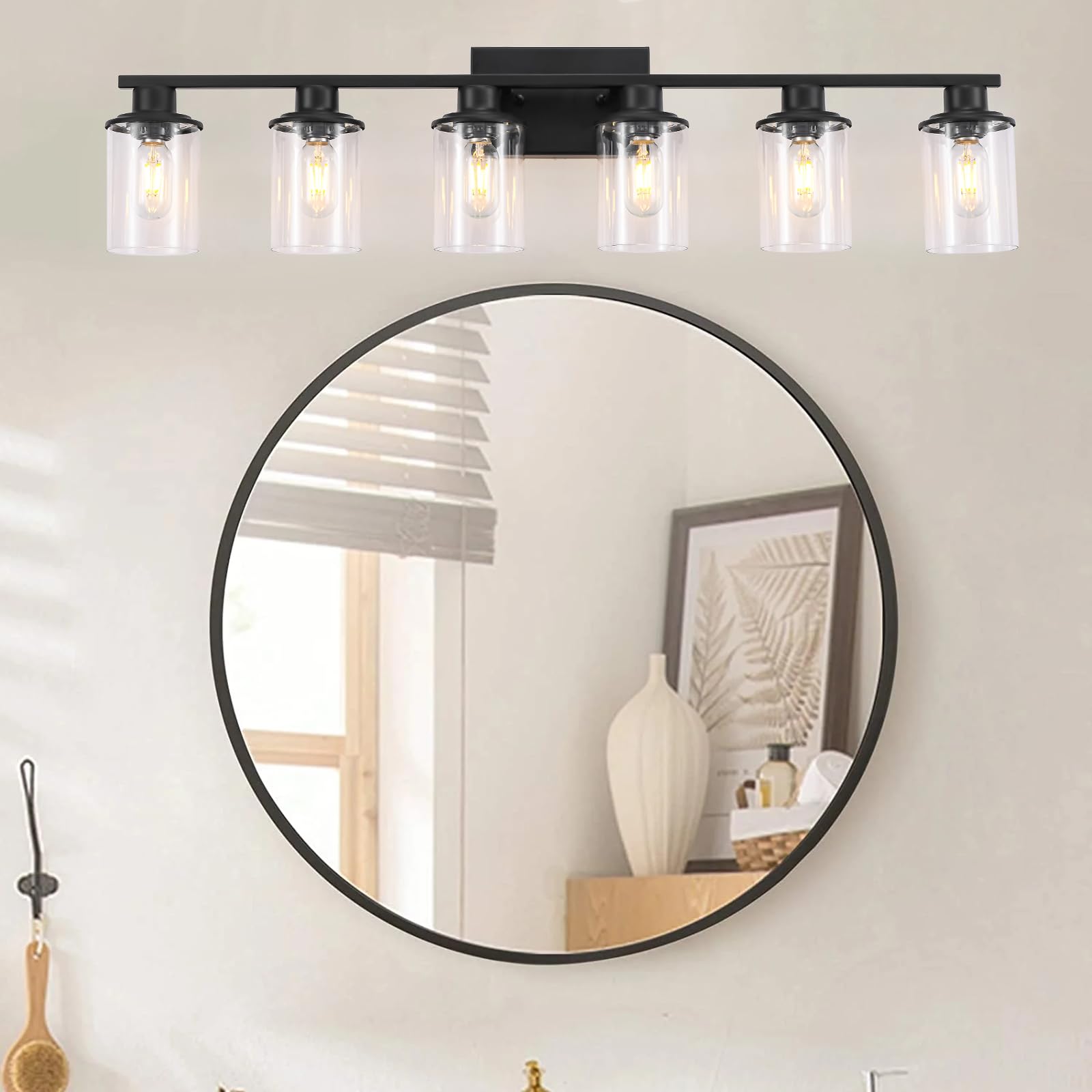 LOUSACE 6-Light Modern Bathroom Vanity Light Fixture - Matte Black Wall Sconce with Clear Glass Shade for Mirror Lighting | Perfect for Bathroom, Bedroom, Living Room & Dressing Area Decoration