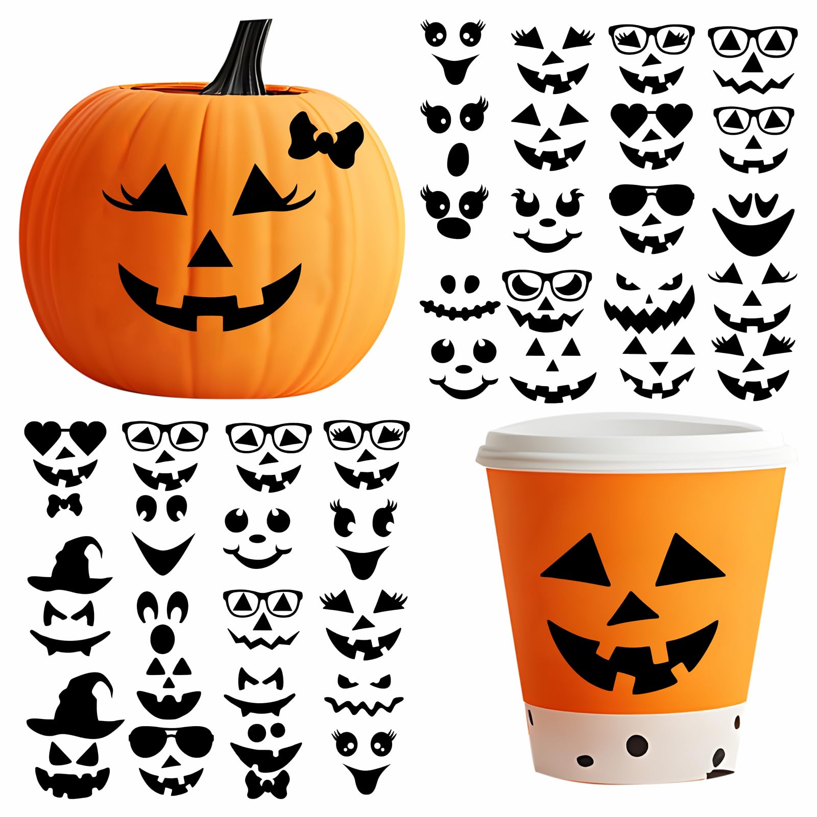 Halloween Pumpkin Face Stickers - Cute & Scary Vinyl Decals for Pumpkins, Glass Jars - DIY Halloween Party Decorations & Crafts - Perfect for Pumpkin Carving, Window Decor, and Halloween Party Supplies
