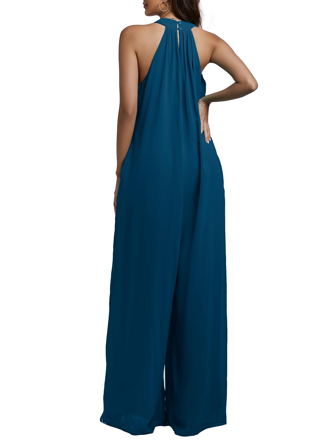 LYANER Women's Halter Neck Sleeveless Chiffon Wide Leg Jumpsuit Romper - Elegant Summer Outfit for Beach Vacation, Party & Casual Wear