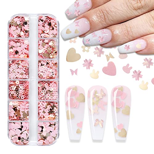 MAYCREATE® 12-Grid Nail Sequins Kit - Gold & Pink Flower Nail Glitter, Heart & Butterfly Sequin Flakes for DIY Nail Art, Manicure Salon Supplies | Perfect for Nail Decorations, Home DIY Projects & Professional Salon Use