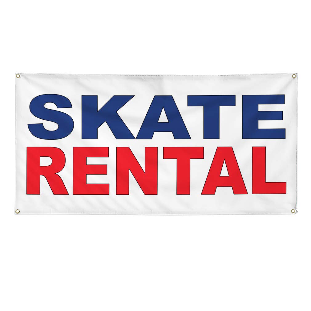 Custom Vinyl Banner 48x96 Inches - Durable Weatherproof Skate Rental & Business Sign with 8 Grommets (Blue/Red) for Outdoor, Industrial & Yard Use - Perfect for Events, Advertising & Storefront Displays