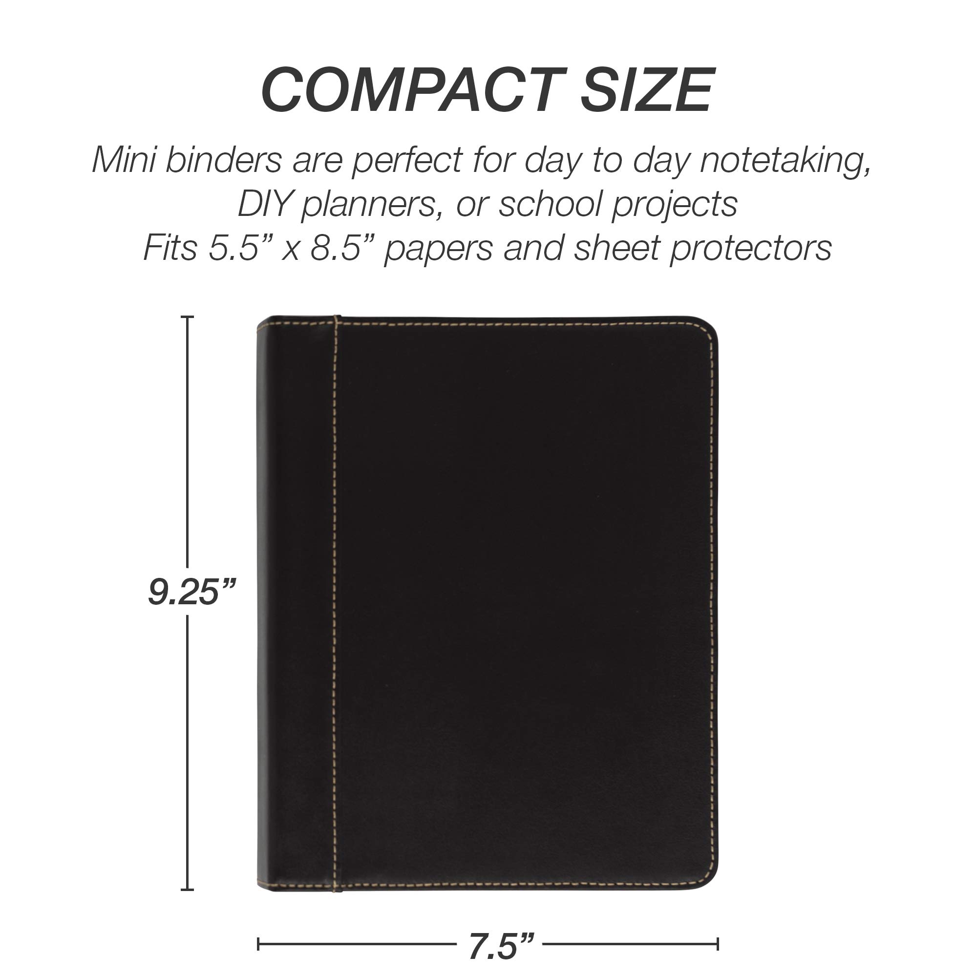 Samsill 1 Inch Junior 3 Ring Binder - Black Leather with Contrast Stitching - Holds 8.5 x 5.5 Paper - 3 Ring Notebook Binder for School, Office & Home Organization - Perfect for Planners, Journals & Portfolio Organizing