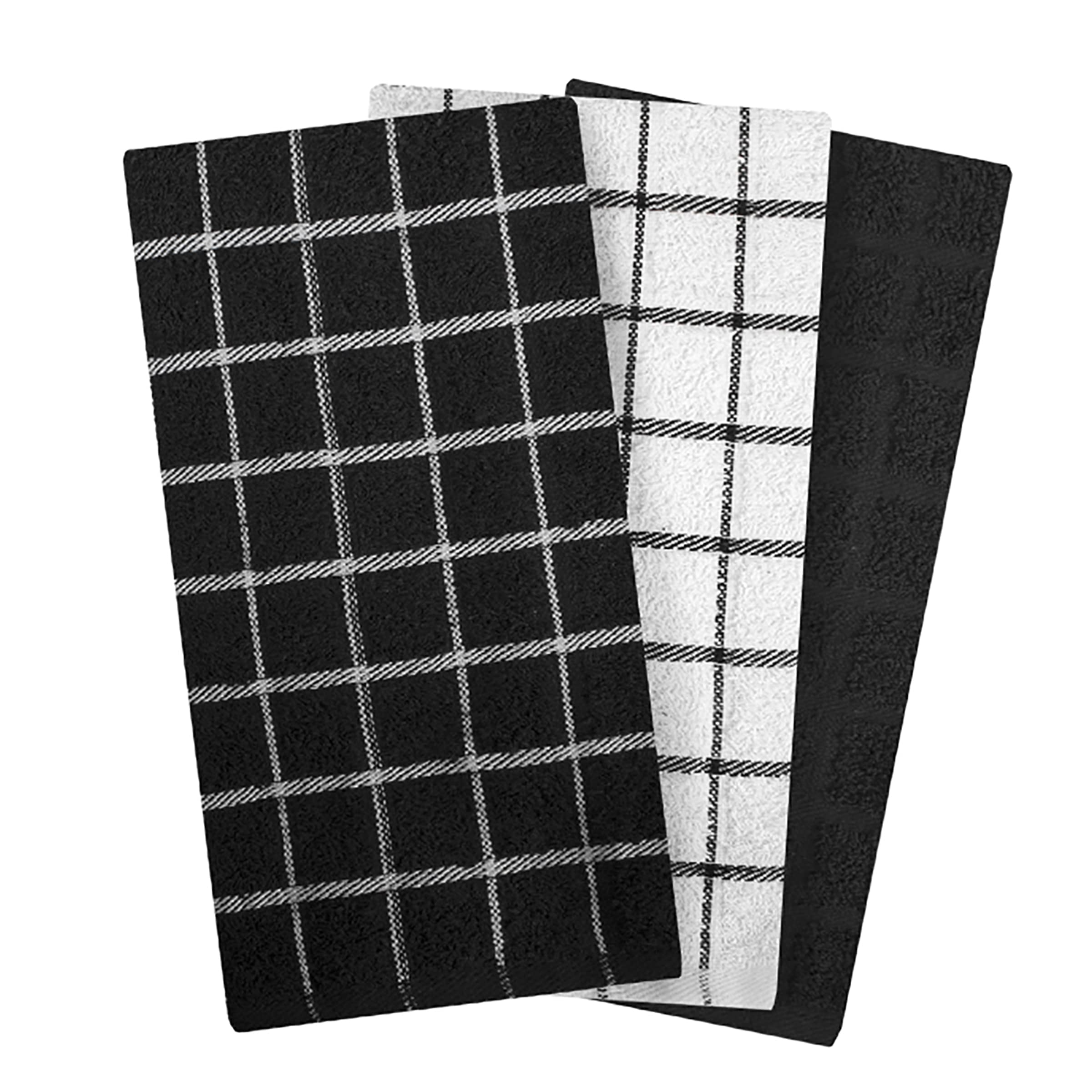 Ritz 100% Cotton Terry Kitchen Dish Towels - Super Absorbent 25x15 Inches, 3-Pack (Black) - Perfect for Drying Dishes, Cleaning Countertops & Kitchen Use
