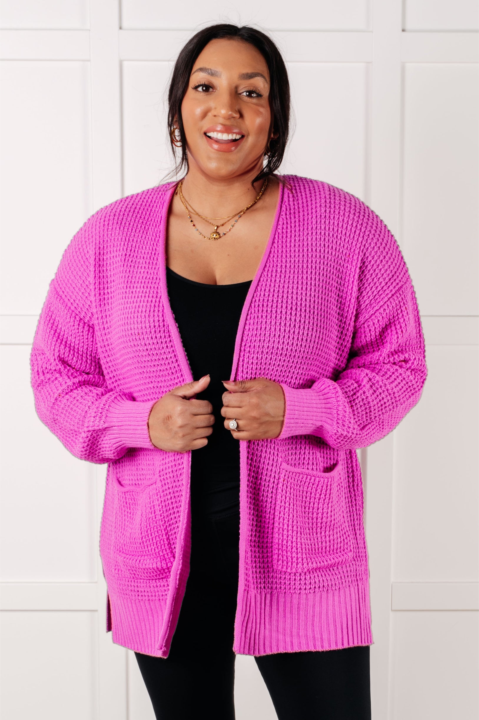 Bright Mauve Waffle Knit Open Front Cardigan for Women - Soft & Cozy Layering Sweater - Perfect for Fall, Winter & Casual Outfits
