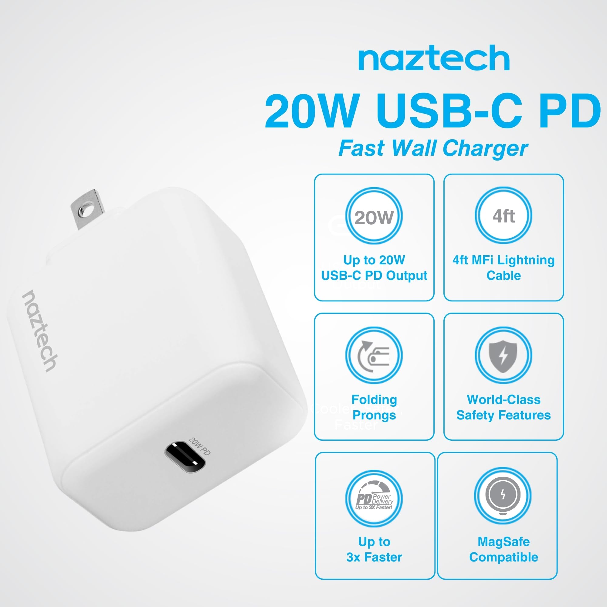 Naztech 20W USB-C PD Fast Wall Charger with 4ft USB-C to Lightning Cable - MFi Certified for iPhone, Fast Charging Adapter for Android Phones, MacBook, iPad, Travel Charger - White - Perfect for Home, Office & Travel Charging Needs