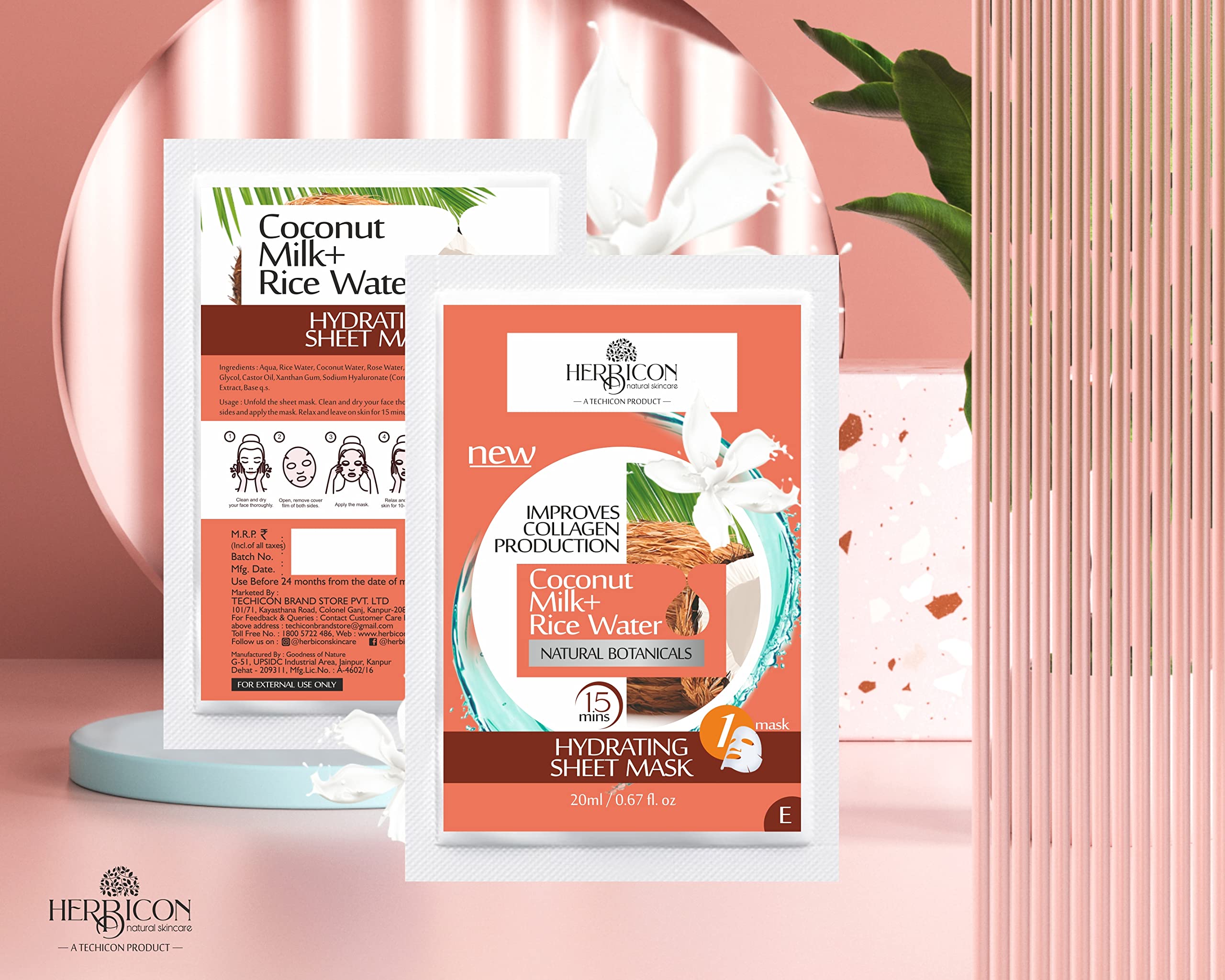 Herbicon Rice Water & Coconut Milk Face Sheet Mask - Deep Hydration Facial Treatment for Dry Skin - 20g (5 Pack) | Korean Skincare Routine, Spa Day at Home, Post-Workout Refresh
