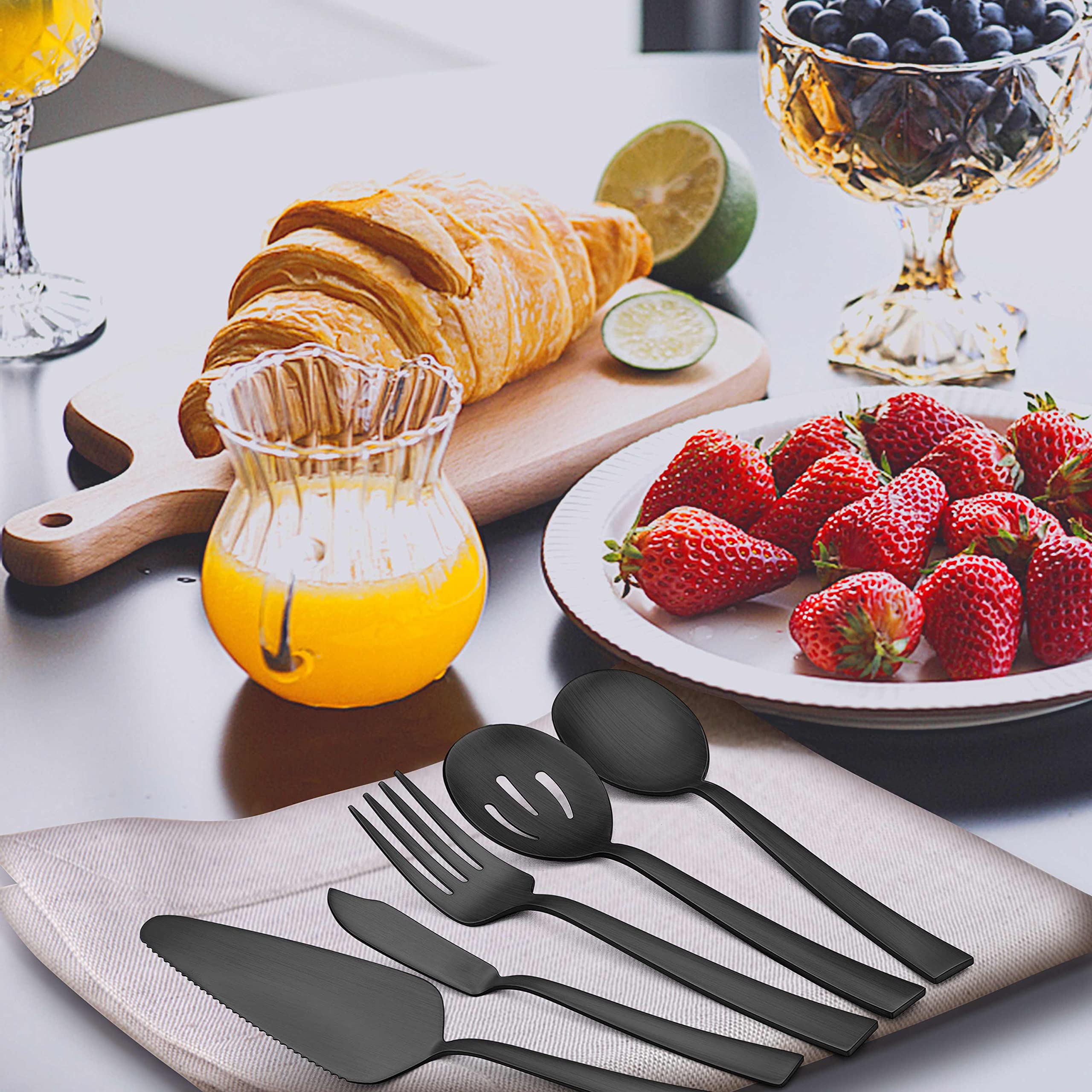 Herogo 45-Piece Matte Black Flatware Set for 8 - Stainless Steel Square Silverware Cutlery with Serving Utensils, Satin Finish & Dishwasher Safe - Elegant Dining Set for Restaurants, Weddings & Everyday Use