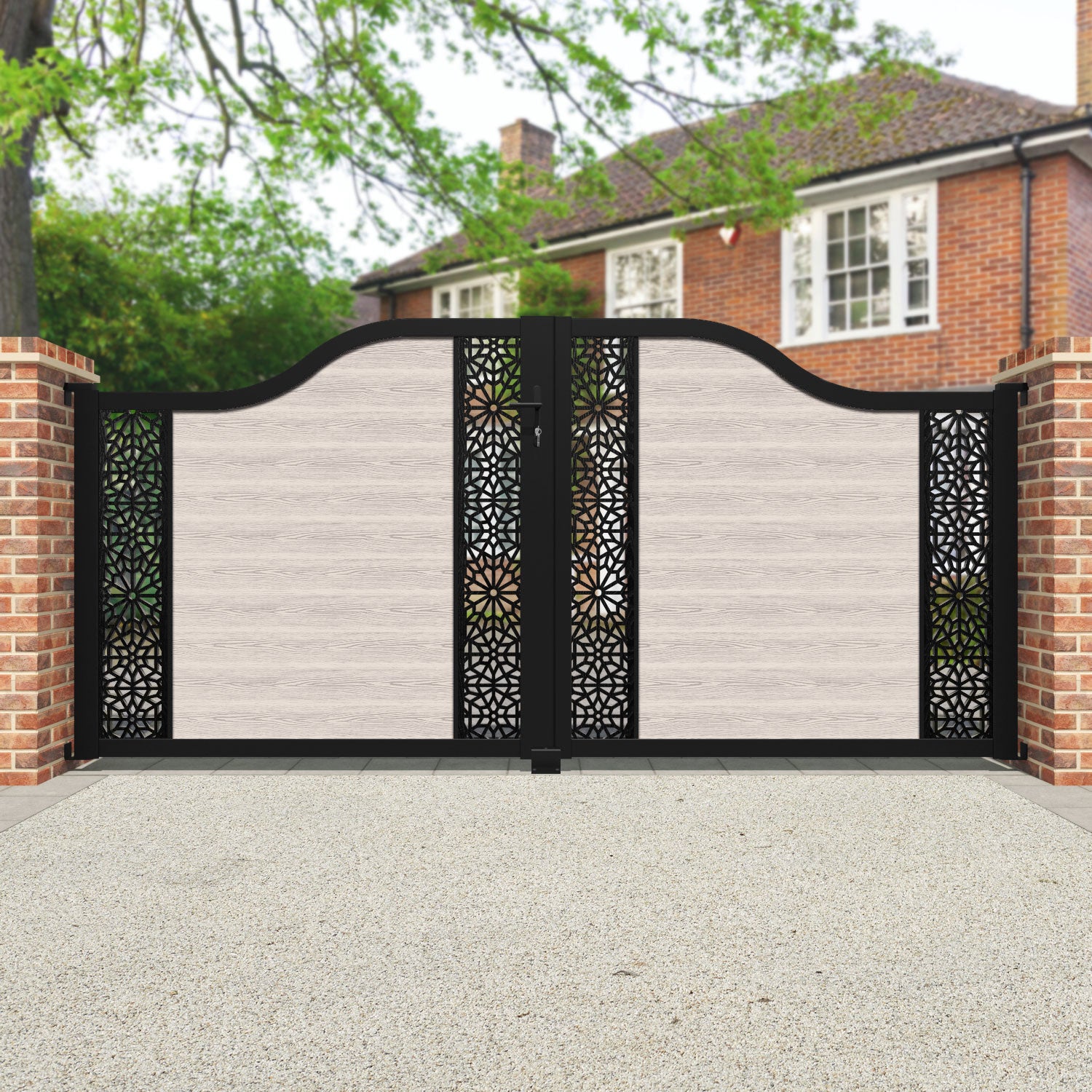 Classic Alnara Curved Top Driveway Gate - Mid Stone Design with Middle & End Screen - Perfect for Residential Driveways, Garden Entrances & Property Security