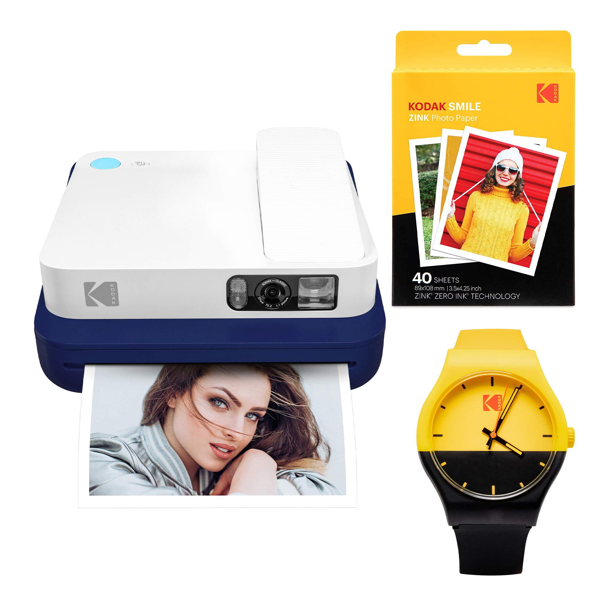 KODAK Smile Classic Bluetooth Digital Instant Camera with 10 Sheets Film & Smart Watch Bundle - Perfect for Travel, Parties, and Family Memories (Blue)