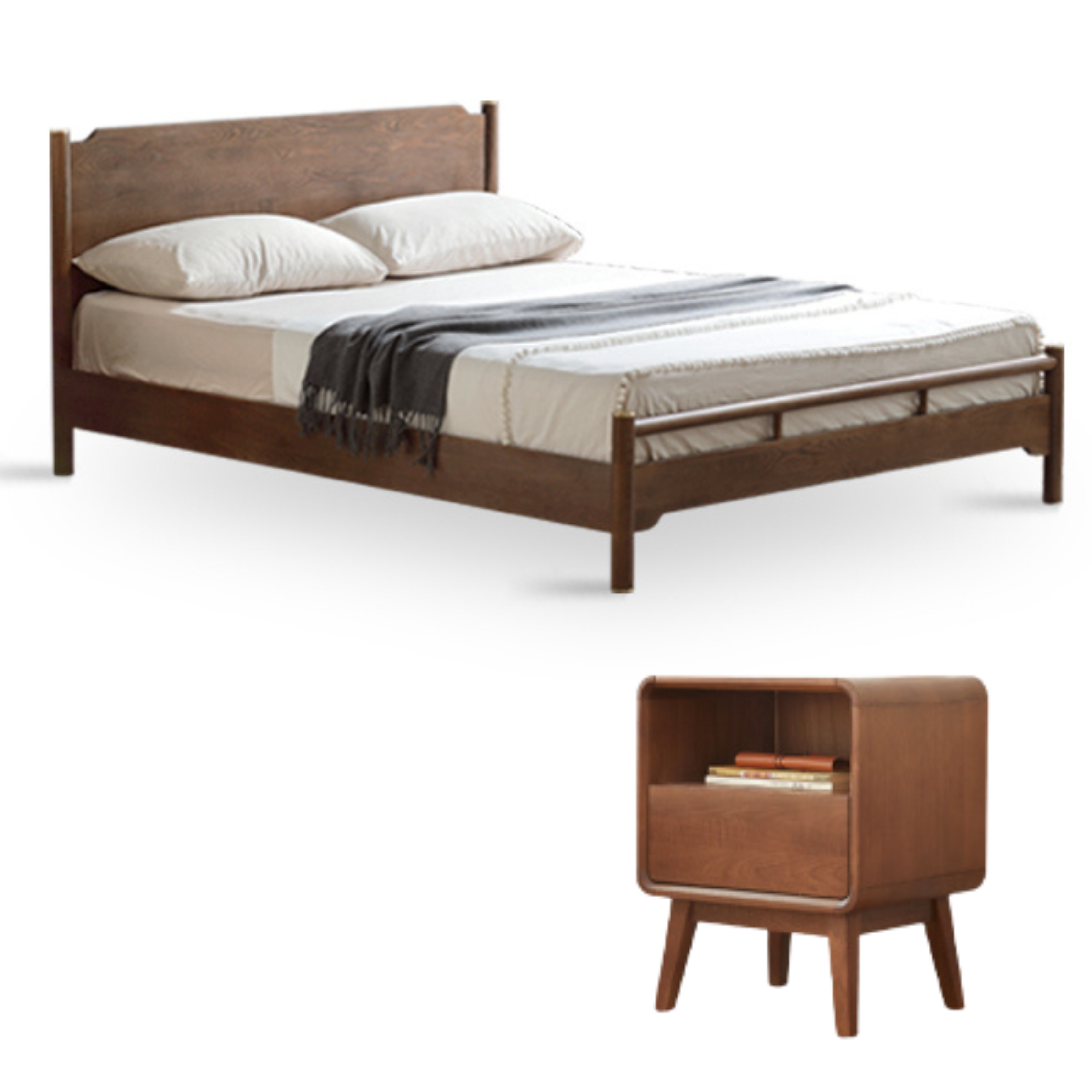 Walnut color Ash bed + bedside table
