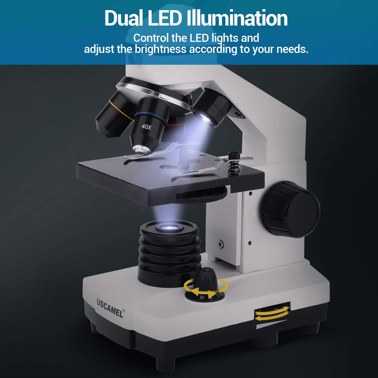 USCAMEL 40X-2000X Professional Compound Microscope for Adults, Students & Kids - Biological Microscope with Slides Set & Phone Adapter - Perfect for School Labs, Home Education & STEM Learning Activities