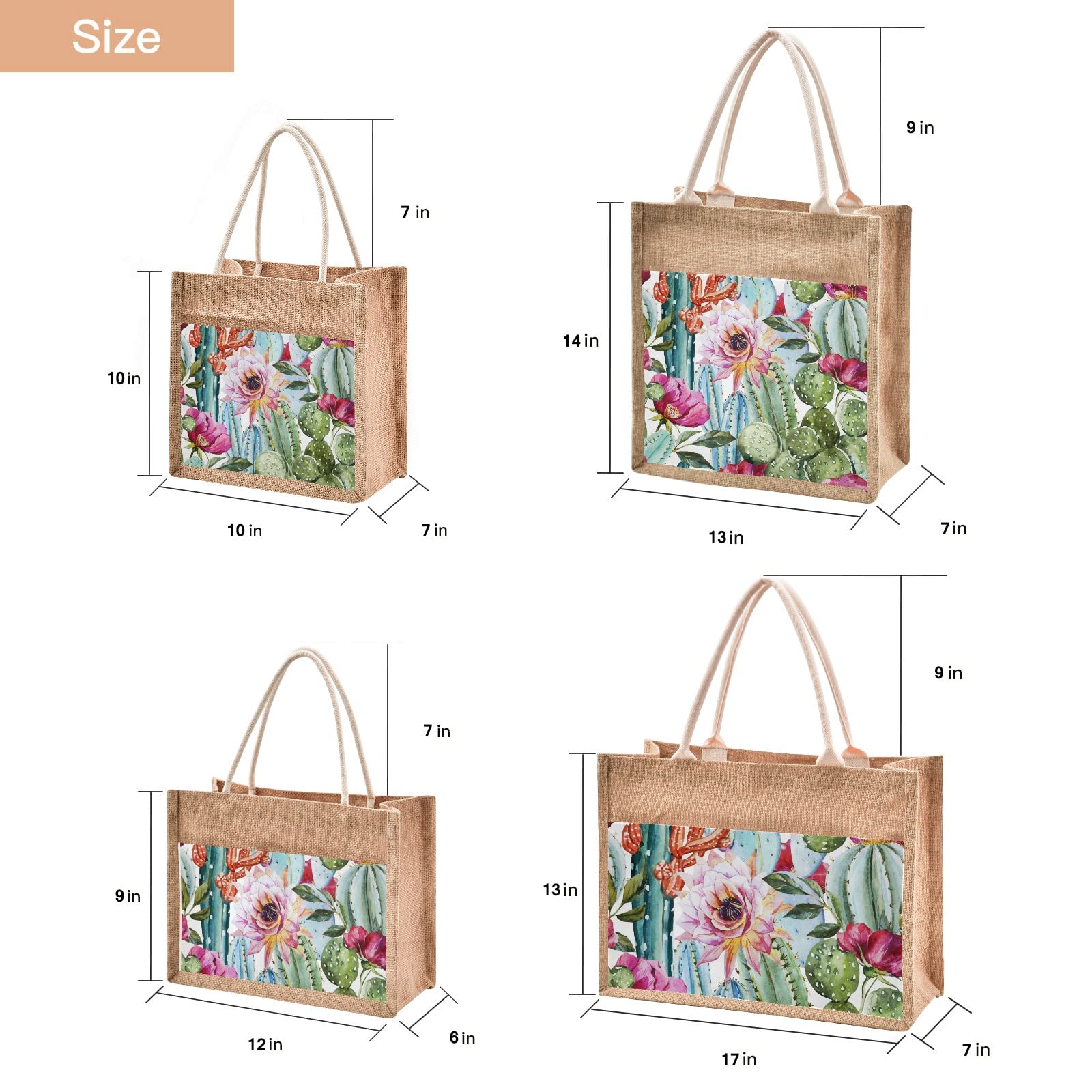 CaTaKu Waterproof Jute Tote Bag with Zipper - 13x14 Inch Reusable Shopping Bag with Front Canvas Pocket | Eco-Friendly Grocery Bag for Women, Beach, Travel & Daily Use