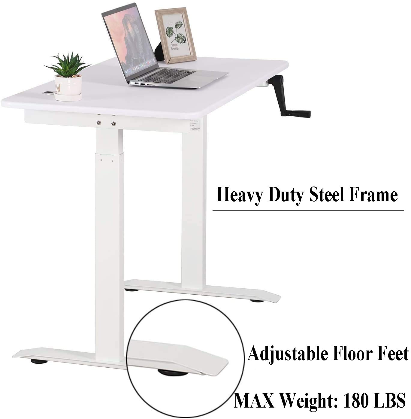 UNICOO - Adjustable Height Standing Desk, Sit to Stand Home Office Desk, Ergonomic Computer Table with Crank, Portable Writing & Study Desk (White Top/White Frame) - Perfect for Remote Work, Gaming & Small Spaces
