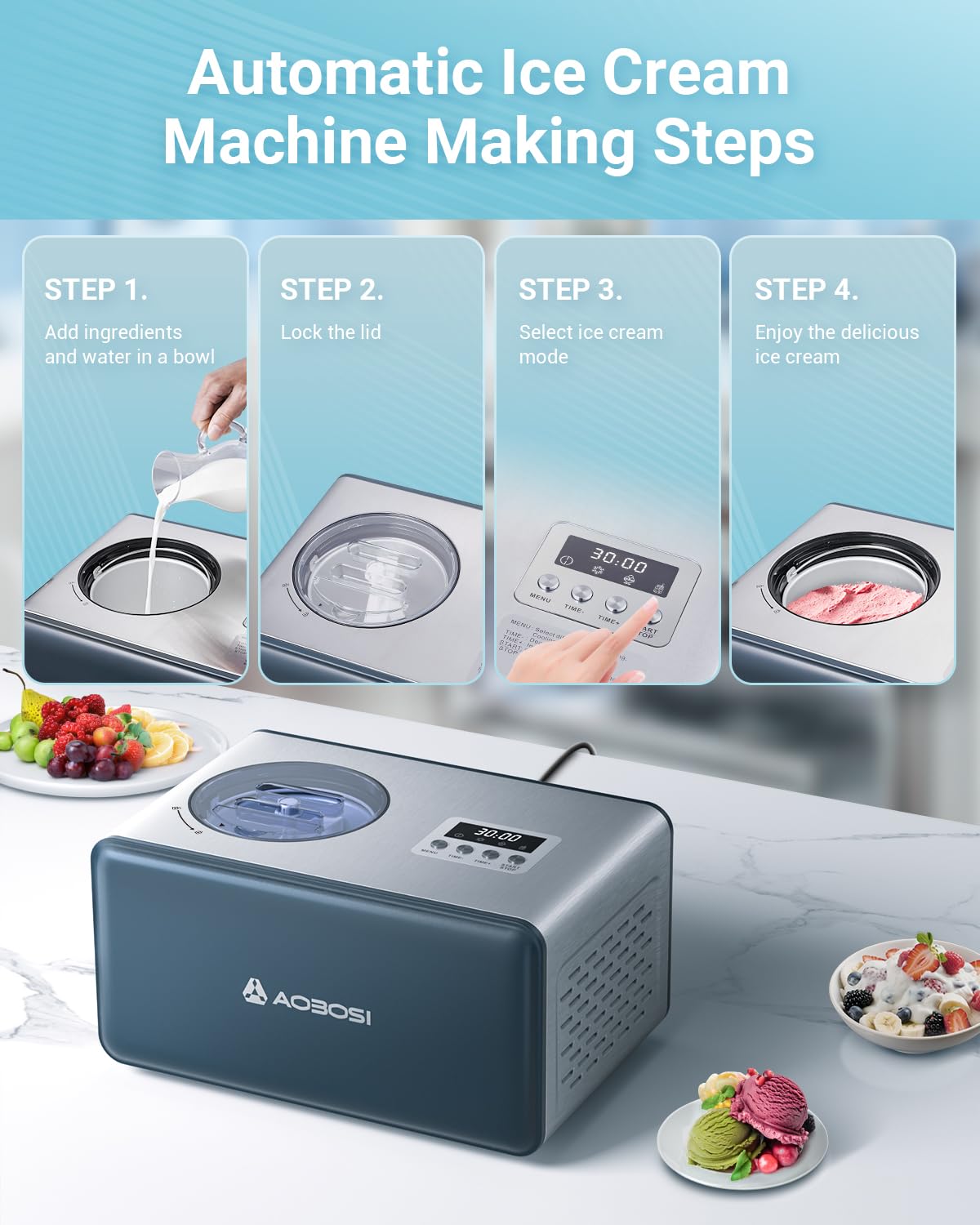 AAOBOSI 1.6 Quart Automatic Ice Cream Maker with Built-in Compressor - No Pre-Freezing Needed, 4 Modes for Frozen Yogurt & Sorbet, Digital Touch Control with Timer - Perfect for Home Kitchen, Parties & Dessert Making