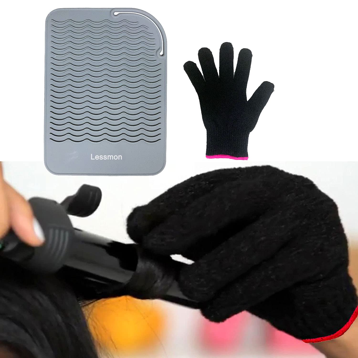 Heat Resistant Travel Mat for Curling Iron & Hair Straightener - 9”x6.5” Gray Counter Protector with Heat Resistant Glove | Perfect for Salon, Home & Travel Styling | Lessmon