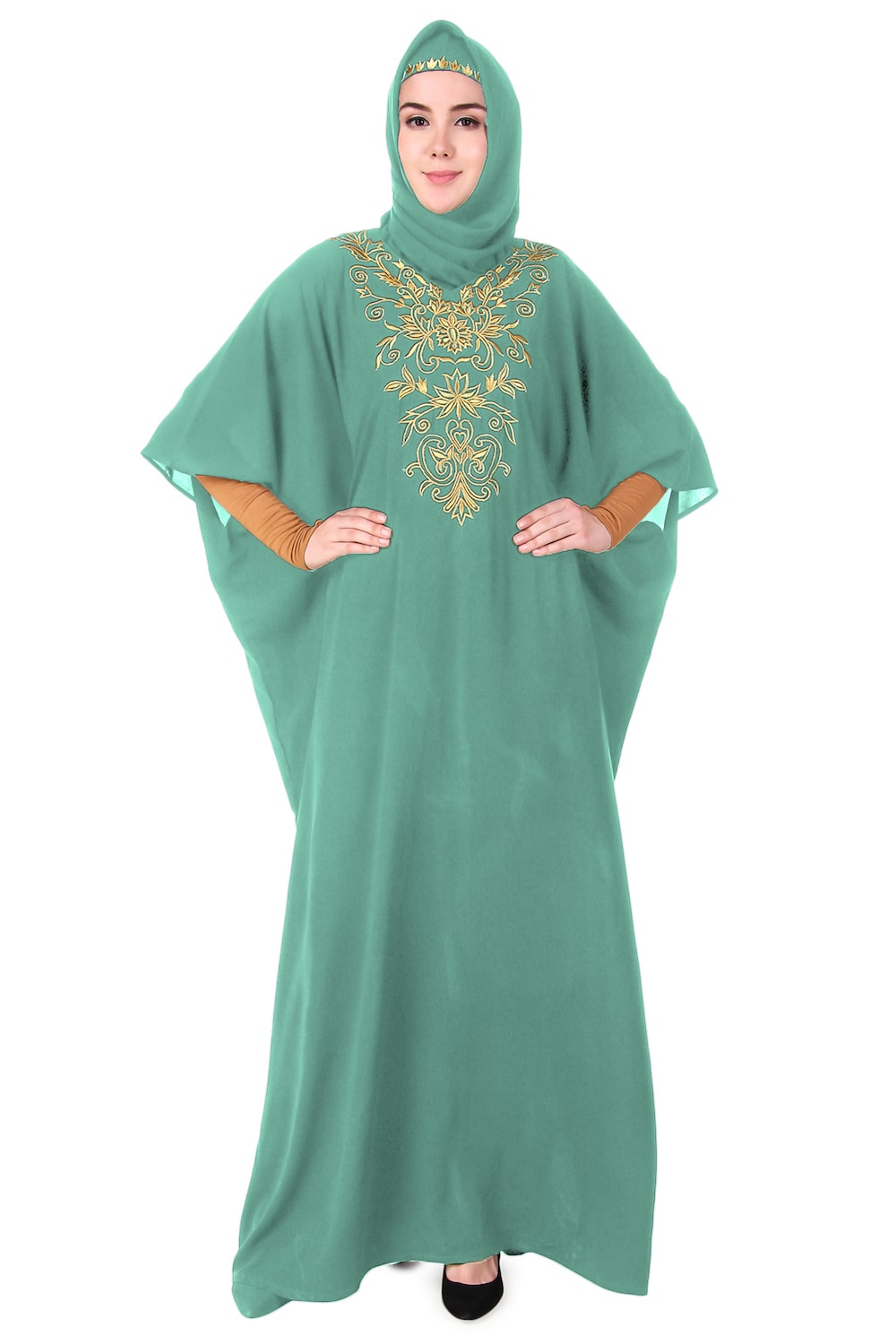Embroidered Floral Gold Kaftan Dress for Women - Elegant Boho Maxi Dress for Beach, Party & Special Occasions