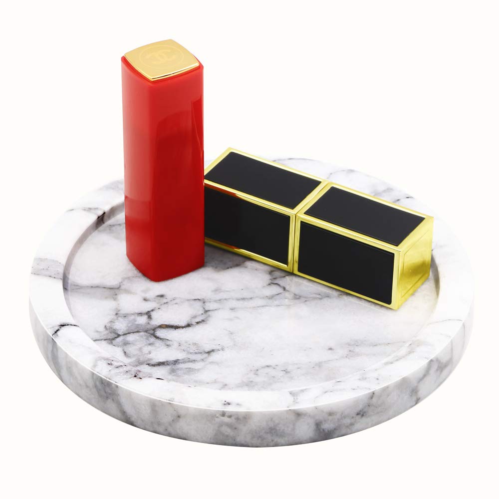 Elegant Circular Marble Decorative Tray - 5.5 Inch Diameter Stone Serving Dish for Vanity, Dresser, Nightstand, Desk & Countertop Organization | Perfect for Jewelry Display, Bathroom Essentials, Office Supplies & Home Decor