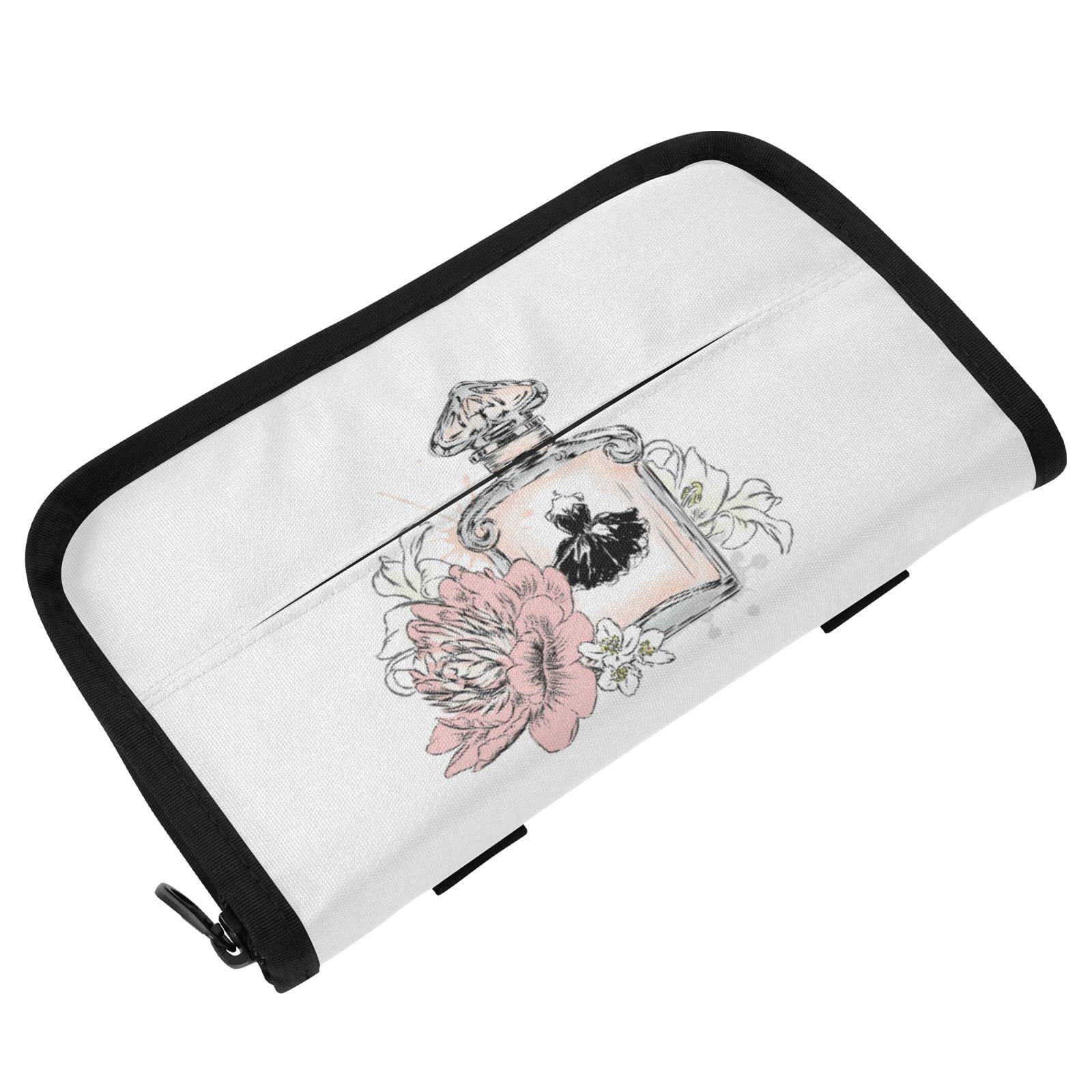 Light Pink Perfume Bottle & Floral Car Tissue Holder - Adjustable Sun Visor Napkin Box with Zipper for Backseat, Perfect for Trucks & Cars | Keep Your Vehicle Clean & Organized